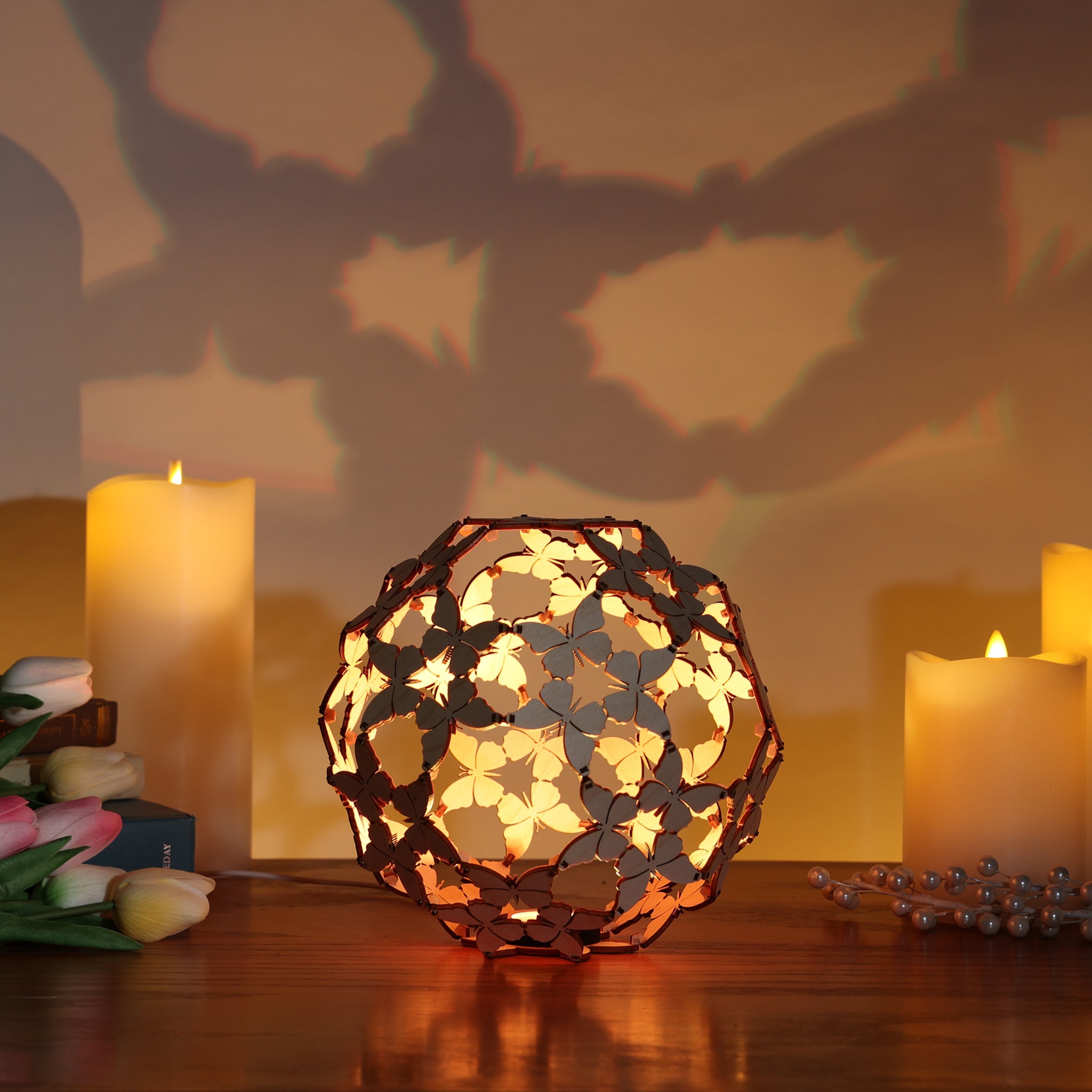 Butterfly LED Accent Lamp, Decorative Interlocking Wood Geometric Lantern, Shadow Projector Night Light, Modern Decor Gift