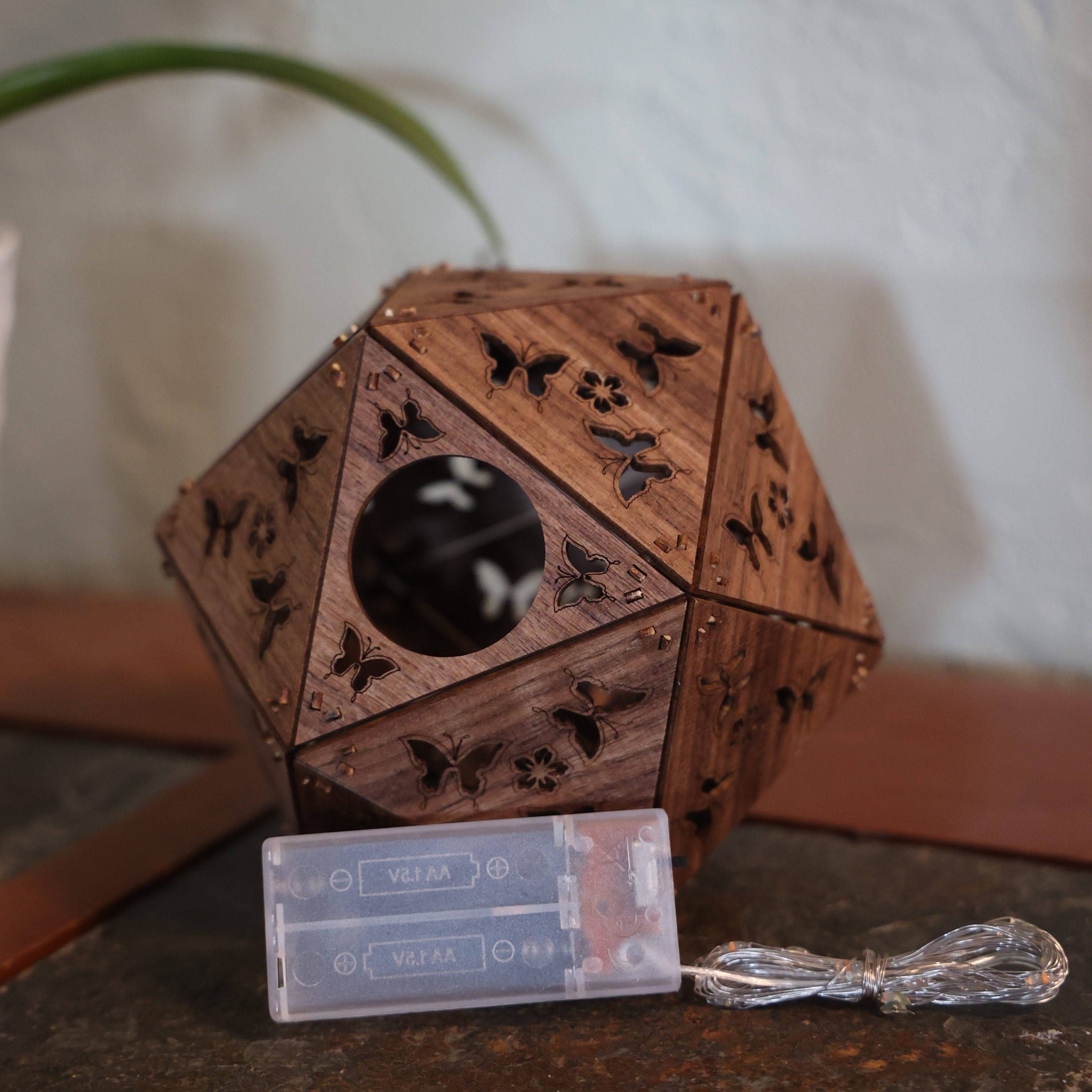 Butterfly Shadow Lamp: Cordless LED Projection Light, Walnut Wood Nature Decor