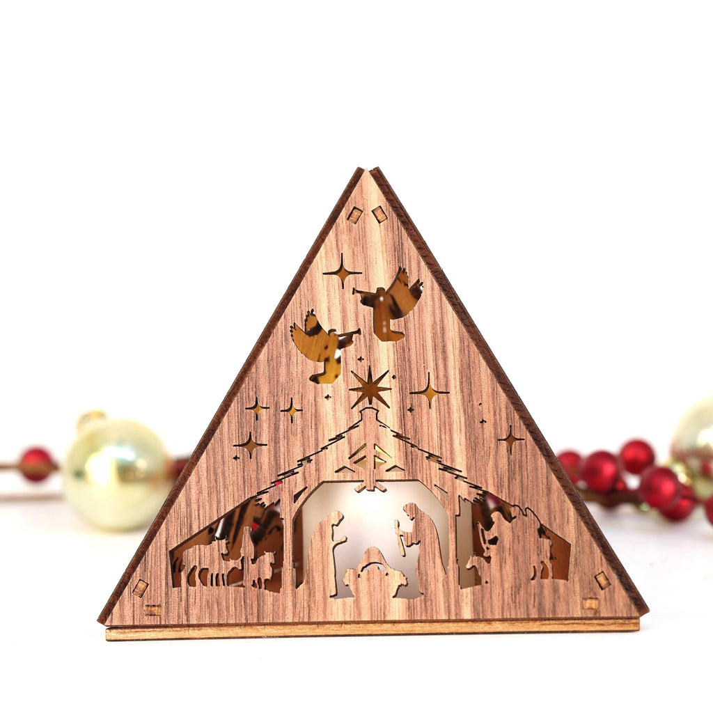 Wooden Nativity Scene Tea Light Holder: Cordless Christmas Night Light