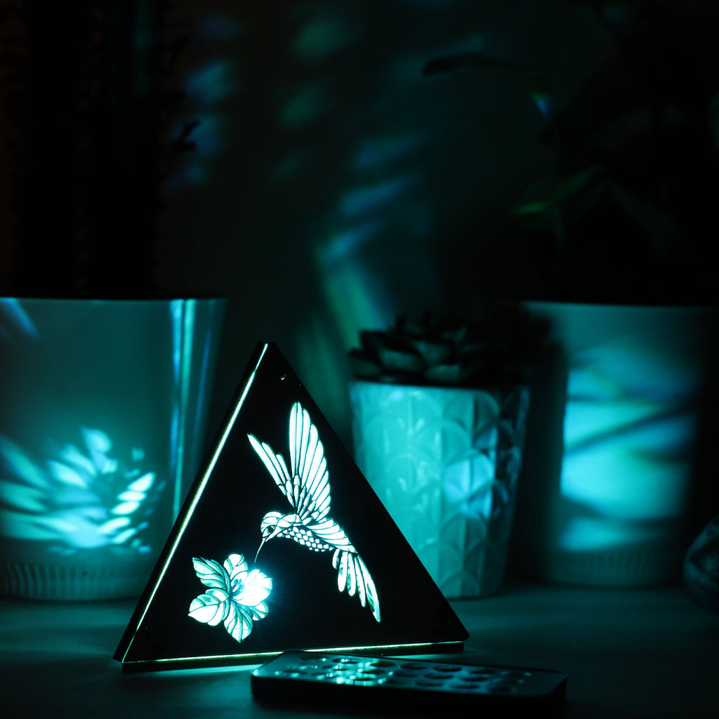 Hummingbird Wood Pyramid Night Light: RGB Bird Art Decor