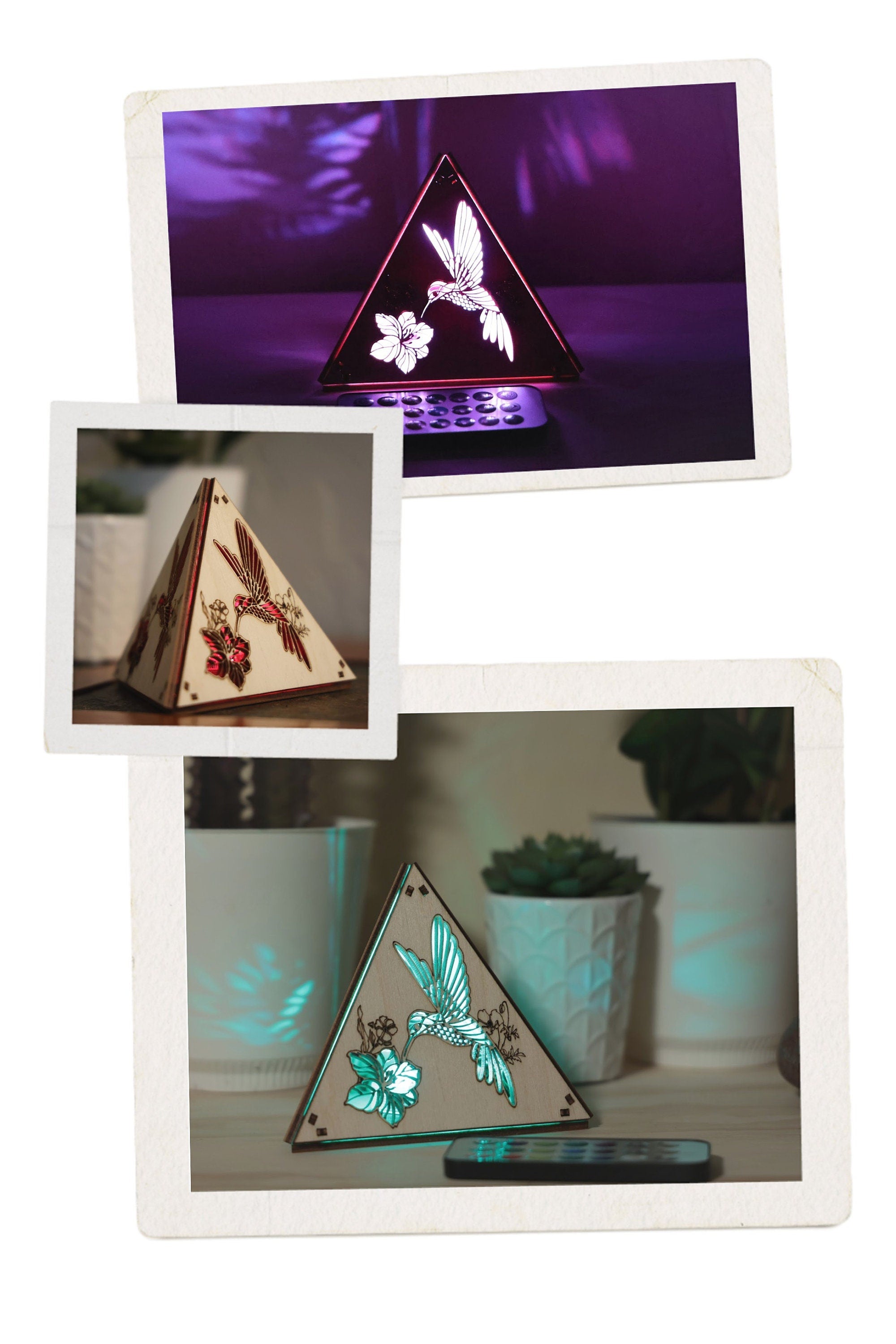 Bird Themed Lighted Decor: Laser-Cut Wood Pyramid Accent Lamp, RGB Cordless Light