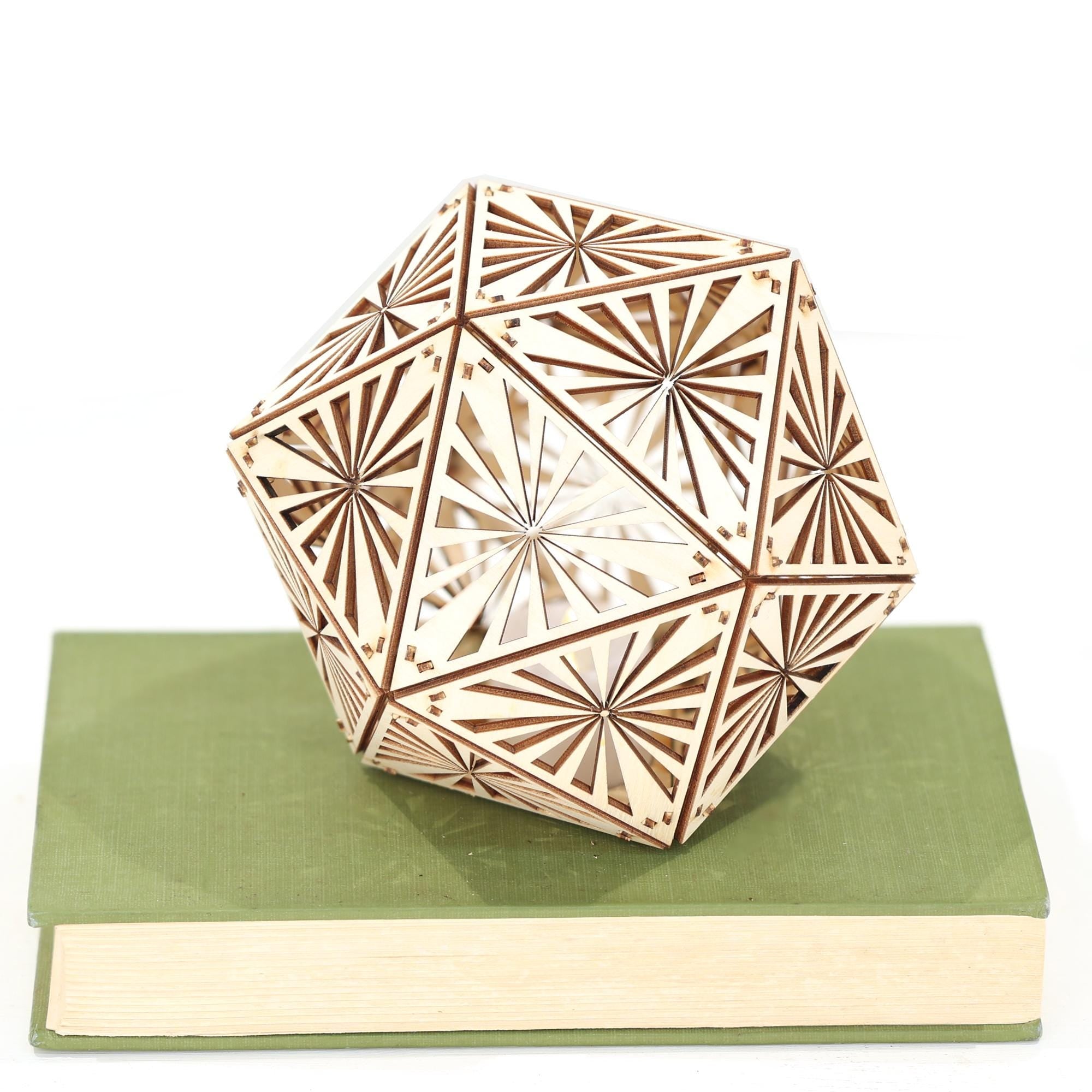 Geometric Wood Shadow Lamp: Mandala Decor, D20 Icosahedron Lantern