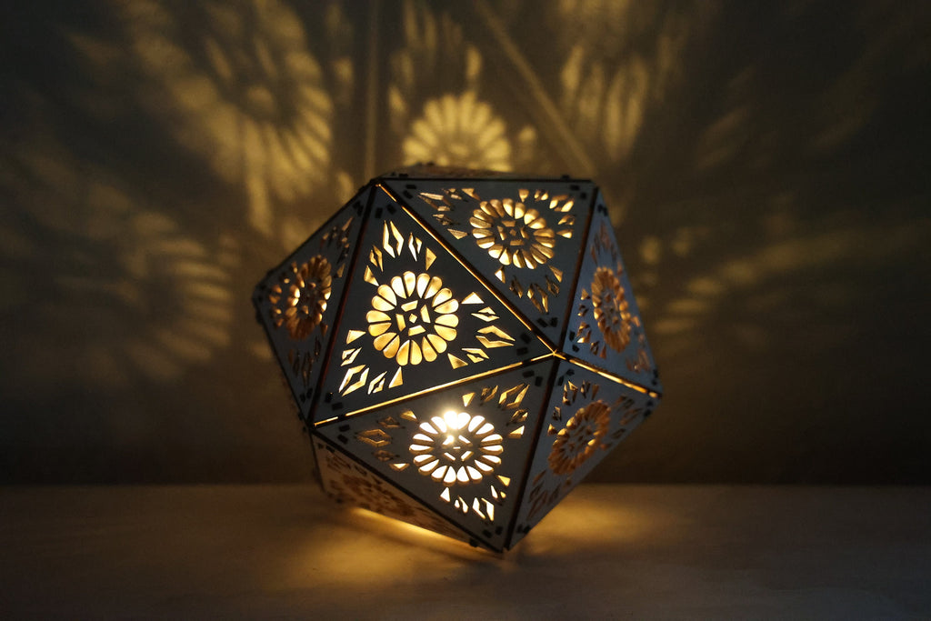 Geometric Wood Shadow Lamp: Mandala Decor, D20 Icosahedron Lantern