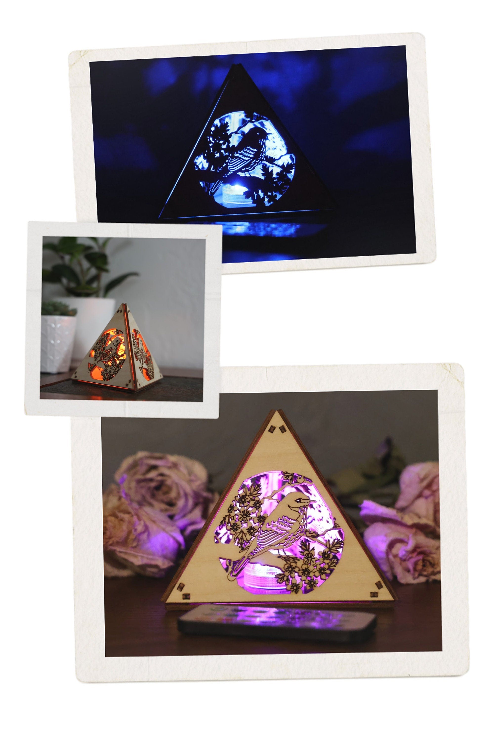 Bird Themed Lighted Decor: Laser-Cut Wood Pyramid Accent Lamp, RGB Cordless Light
