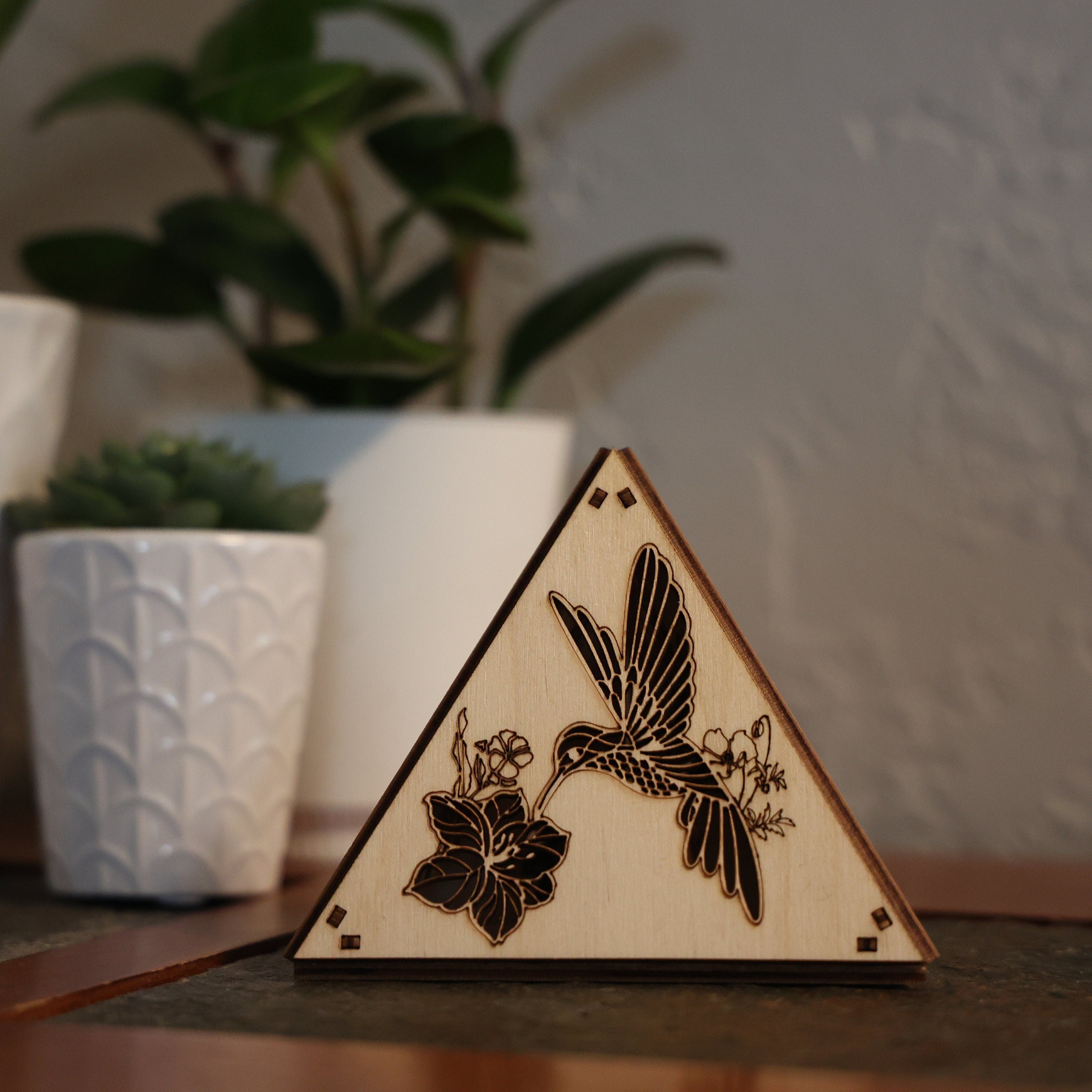 Hummingbird Wood Pyramid Night Light: RGB Bird Art Decor