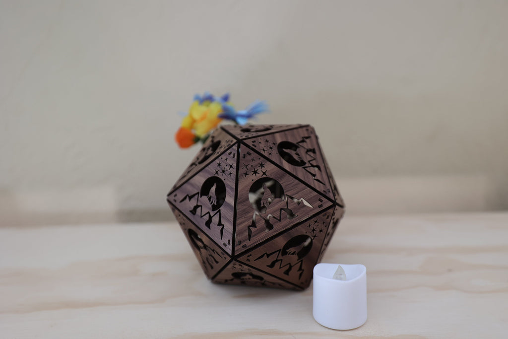 Howling Wolf Shadow Lamp: Geometric Wooden Lantern, Mountain Decor