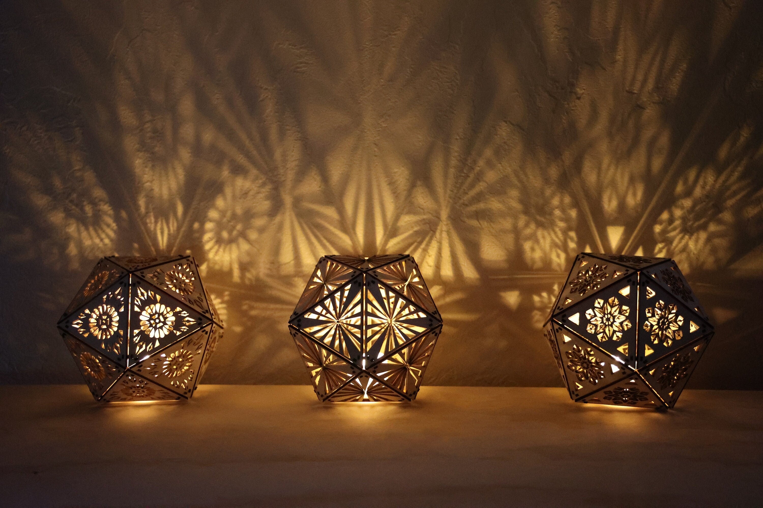Geometric Wood Shadow Lamp: Mandala Decor, D20 Icosahedron Lantern