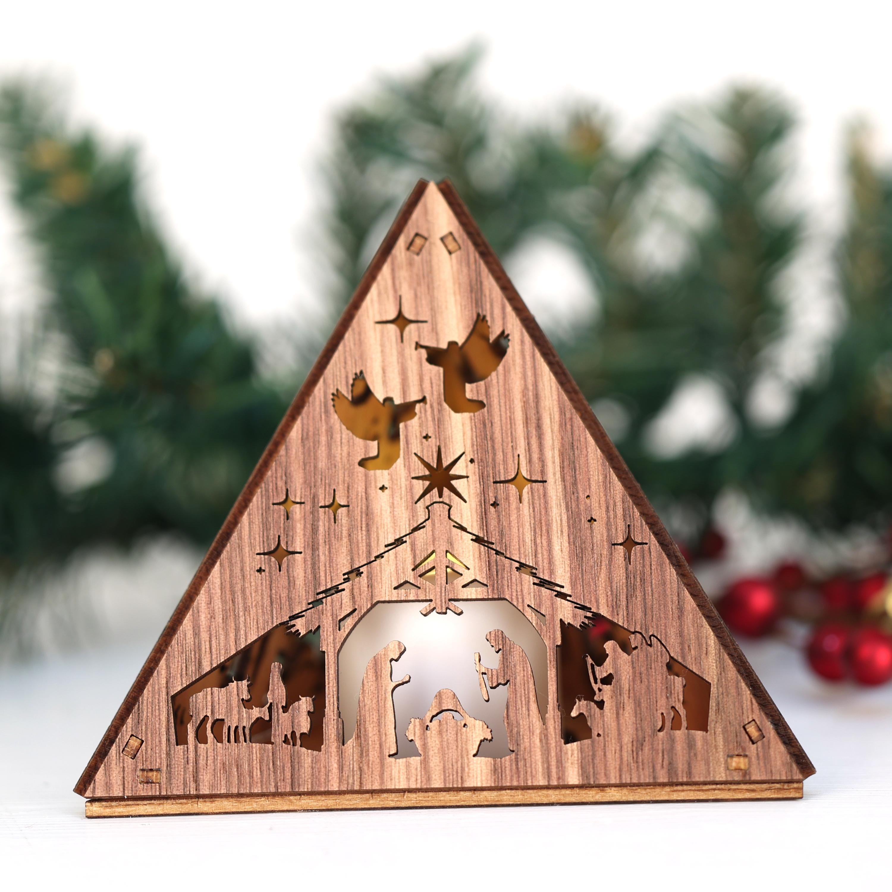 Wooden Nativity Scene Tea Light Holder: Cordless Christmas Night Light
