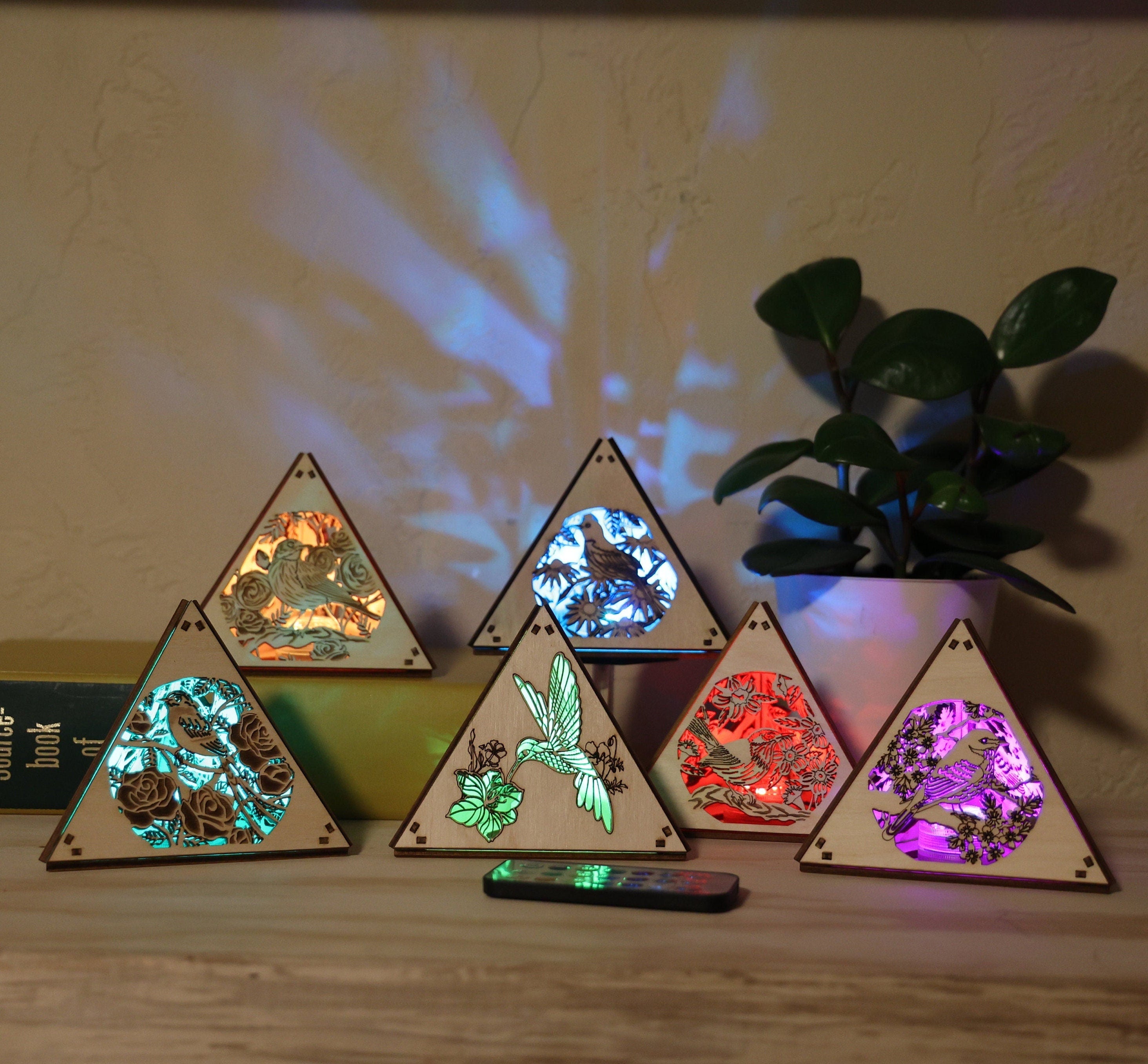 Bird Themed Lighted Decor: Laser-Cut Wood Pyramid Accent Lamp, RGB Cordless Light