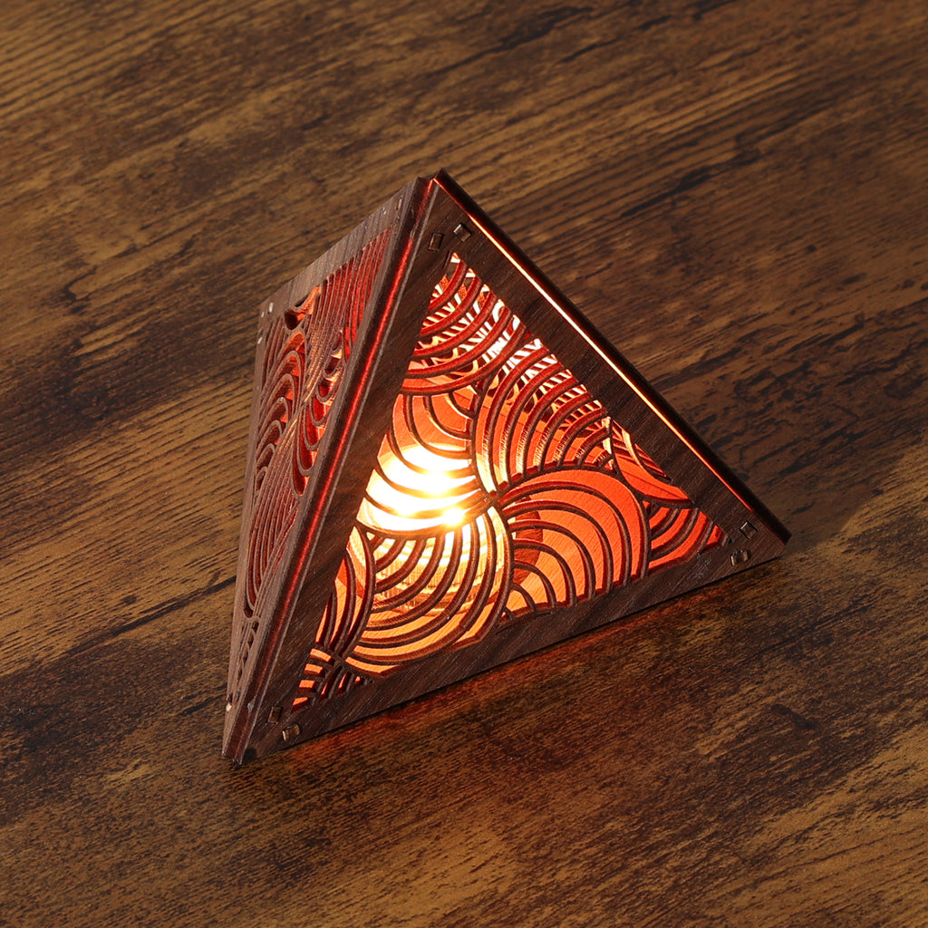 Radiant Echo Pyramid Lamp, Wooden RGB LED Color Changing Accent Light with Remote, Geometric Wave Night Light, Modern Table Decor