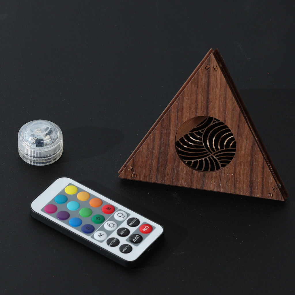 Radiant Echo Pyramid Lamp, Wooden RGB LED Color Changing Accent Light with Remote, Geometric Wave Night Light, Modern Table Decor