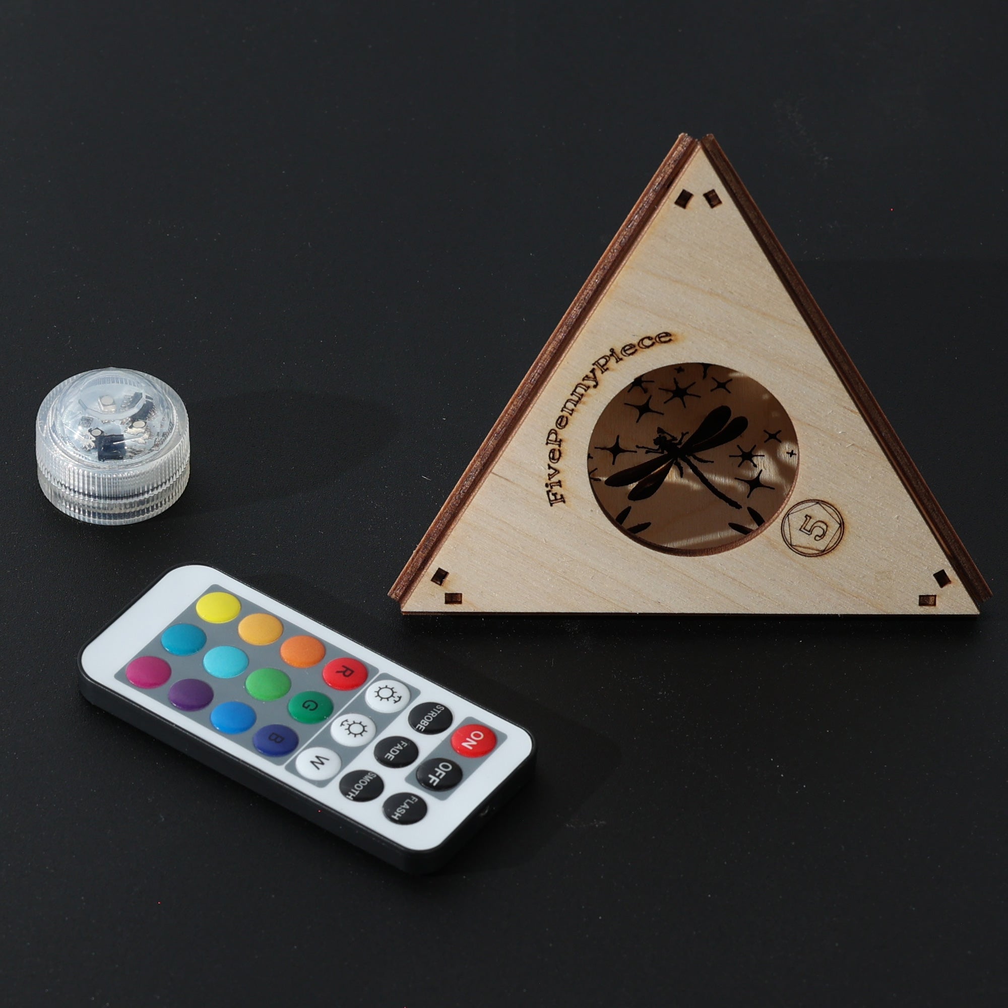 Dragonfly Whisper Pyramid Accent Light, Wooden RGB LED Color Changing Lamp with Remote