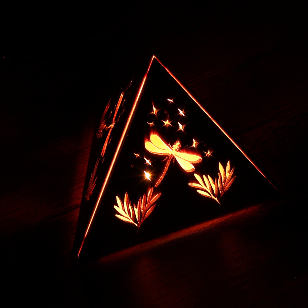 Dragonfly Whisper Pyramid Accent Light, Wooden RGB LED Color Changing Lamp with Remote