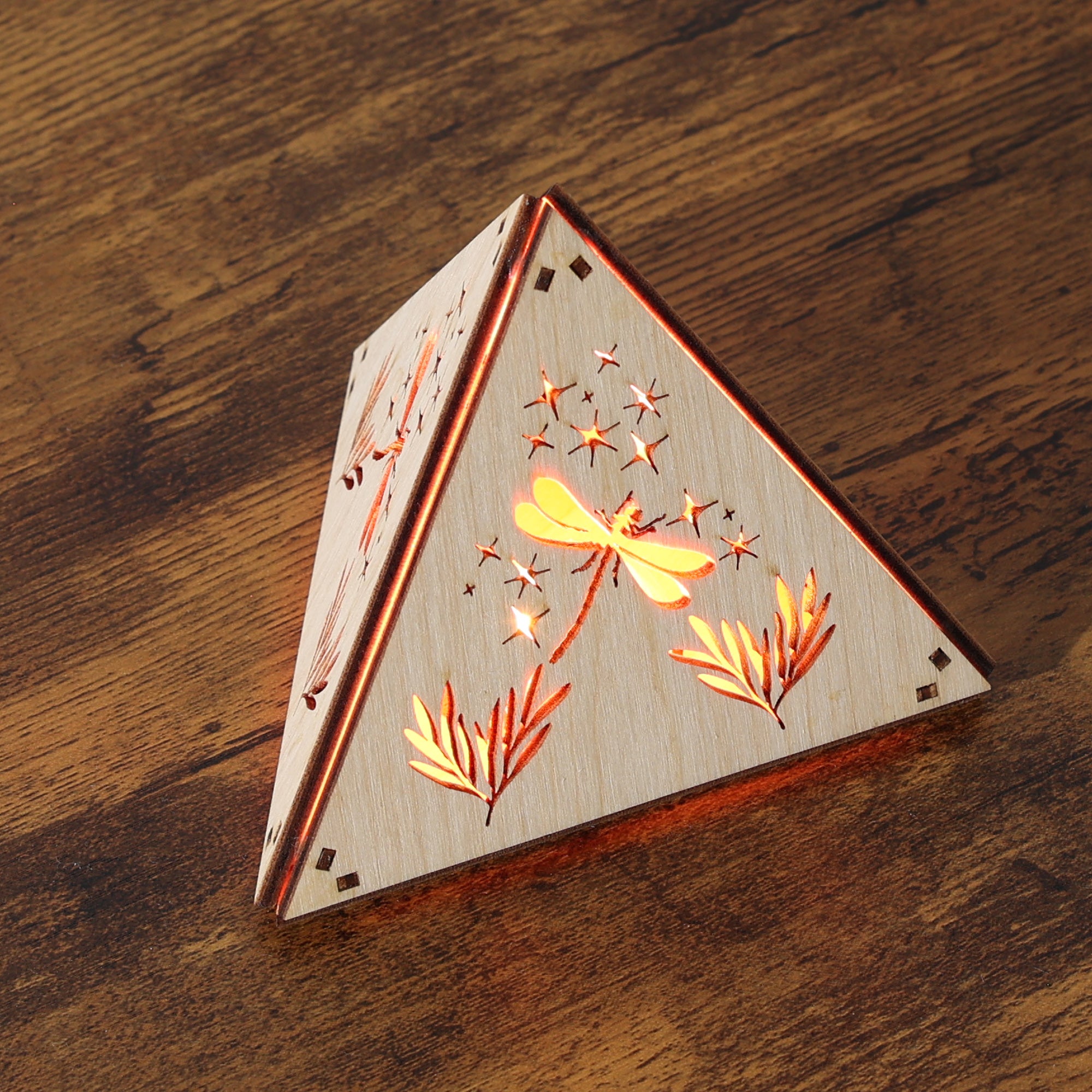 Dragonfly Whisper Pyramid Accent Light, Wooden RGB LED Color Changing Lamp with Remote