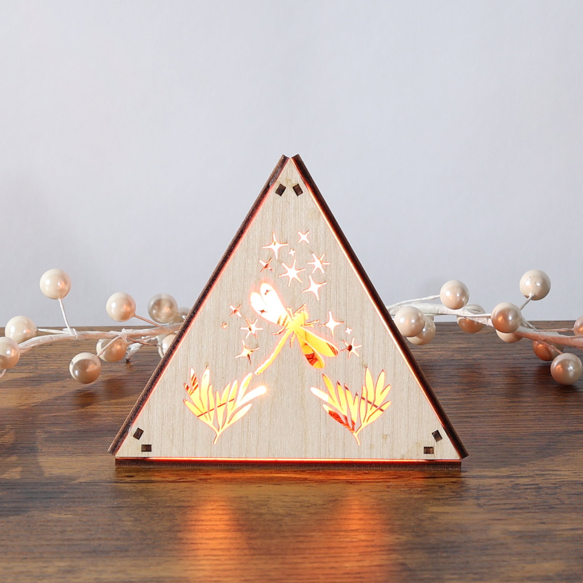 Dragonfly Whisper Pyramid Accent Light, Wooden RGB LED Color Changing Lamp with Remote