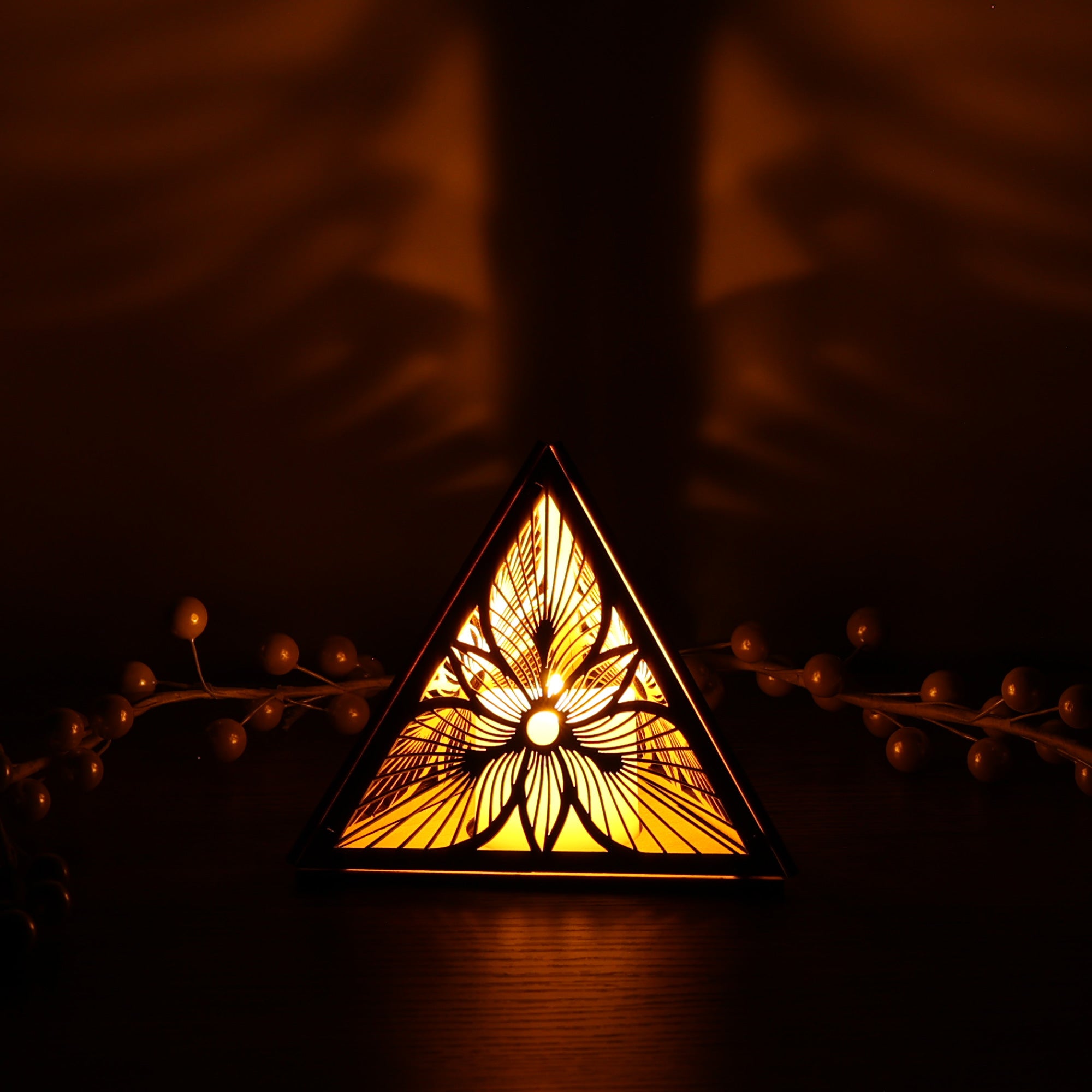 Sunburst Bloom Pyramid Lamp, Wooden RGB LED Color Changing Accent Light, Geometric Floral Night Light, Modern Table Decor