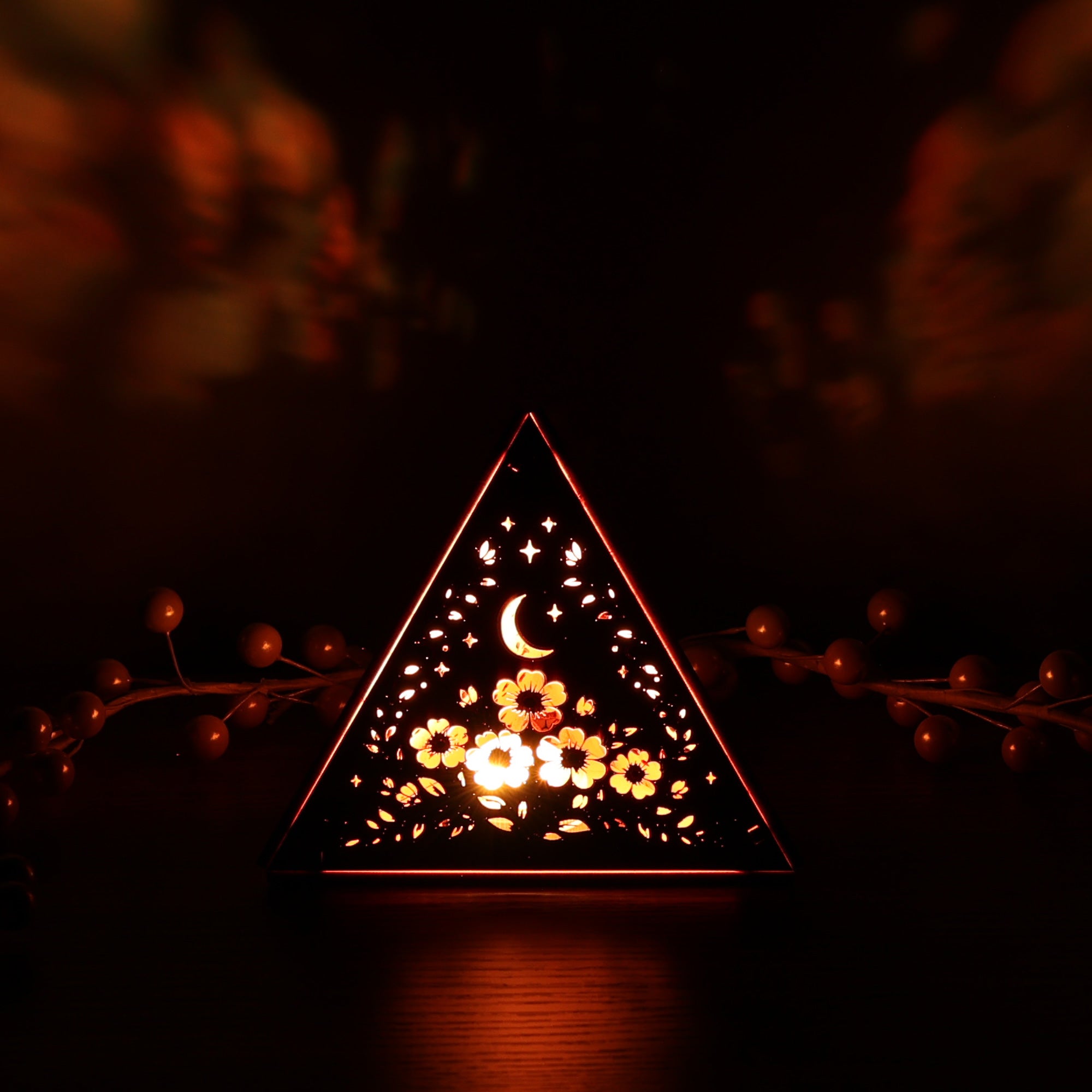 Moonlit Flower Pyramid Lamp, Evening Blossom Light, Wooden LED Color Changing Night Light with Remote