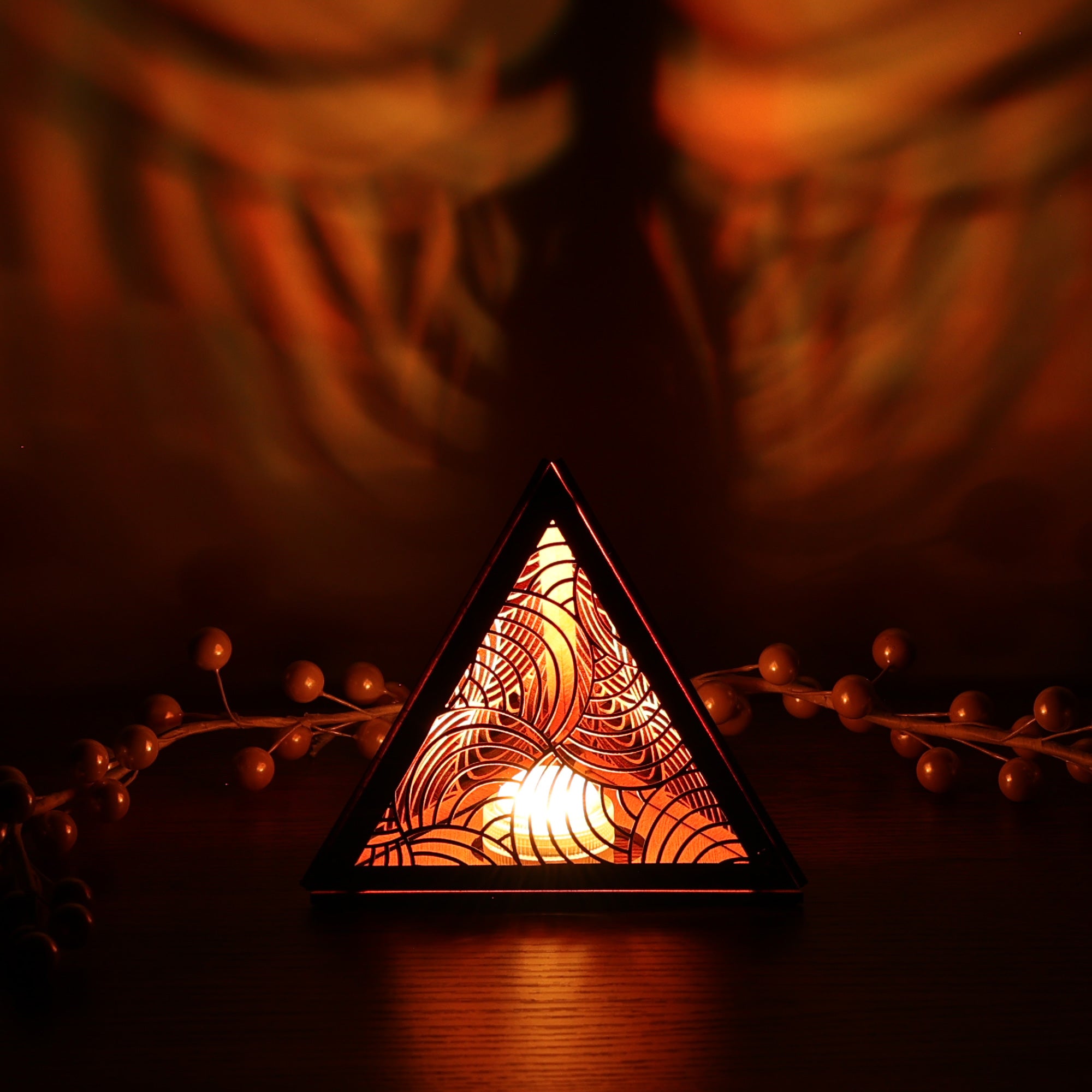 Radiant Echo Pyramid Lamp, Wooden RGB LED Color Changing Accent Light with Remote, Geometric Wave Night Light, Modern Table Decor