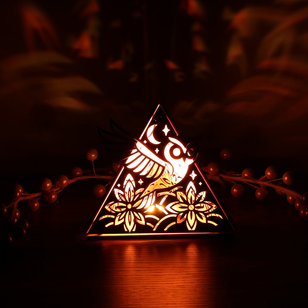 Moonlit Owl Pyramid Lamp, Wooden RGB LED Color Changing Accent Light with Remote