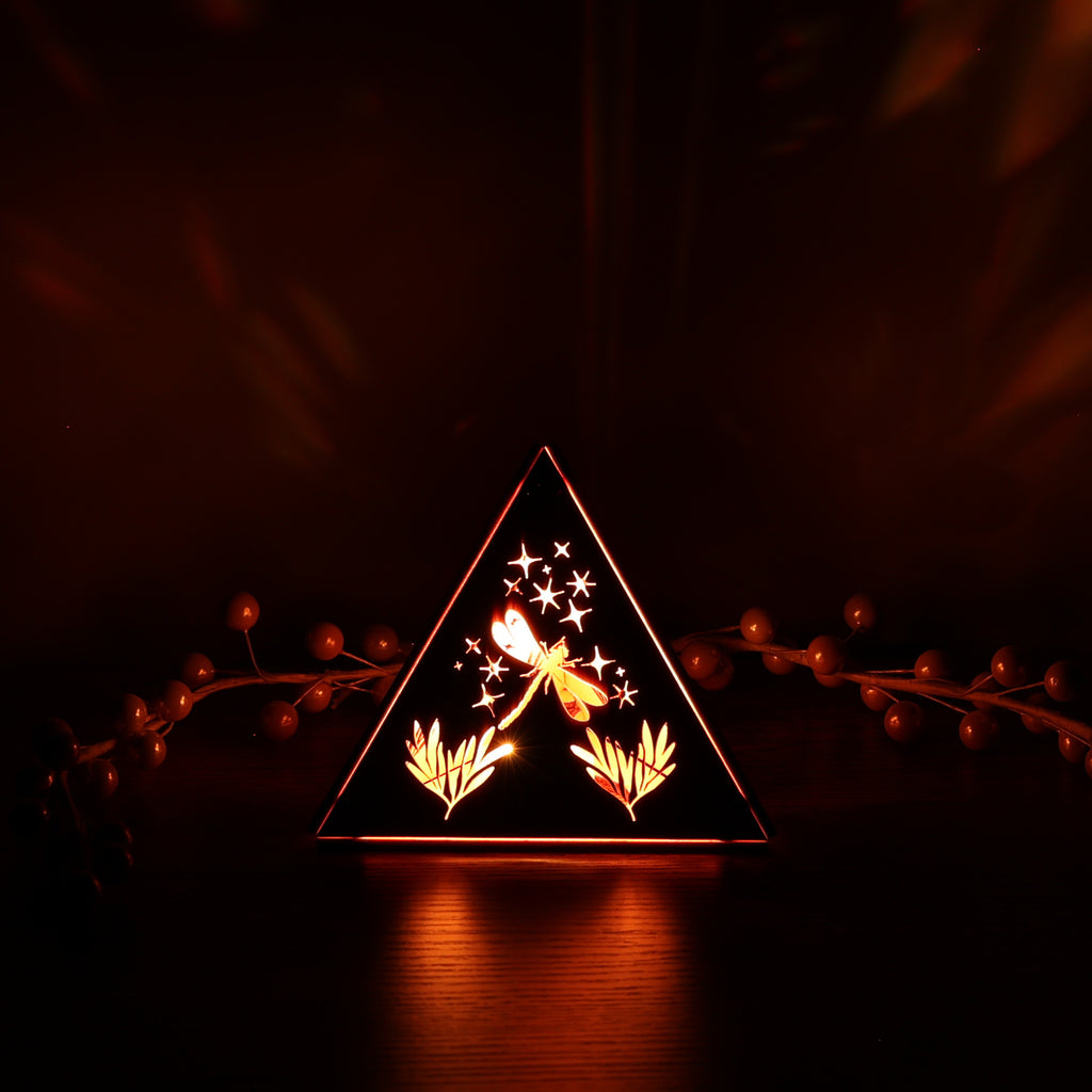 Dragonfly Whisper Pyramid Accent Light, Wooden RGB LED Color Changing Lamp with Remote