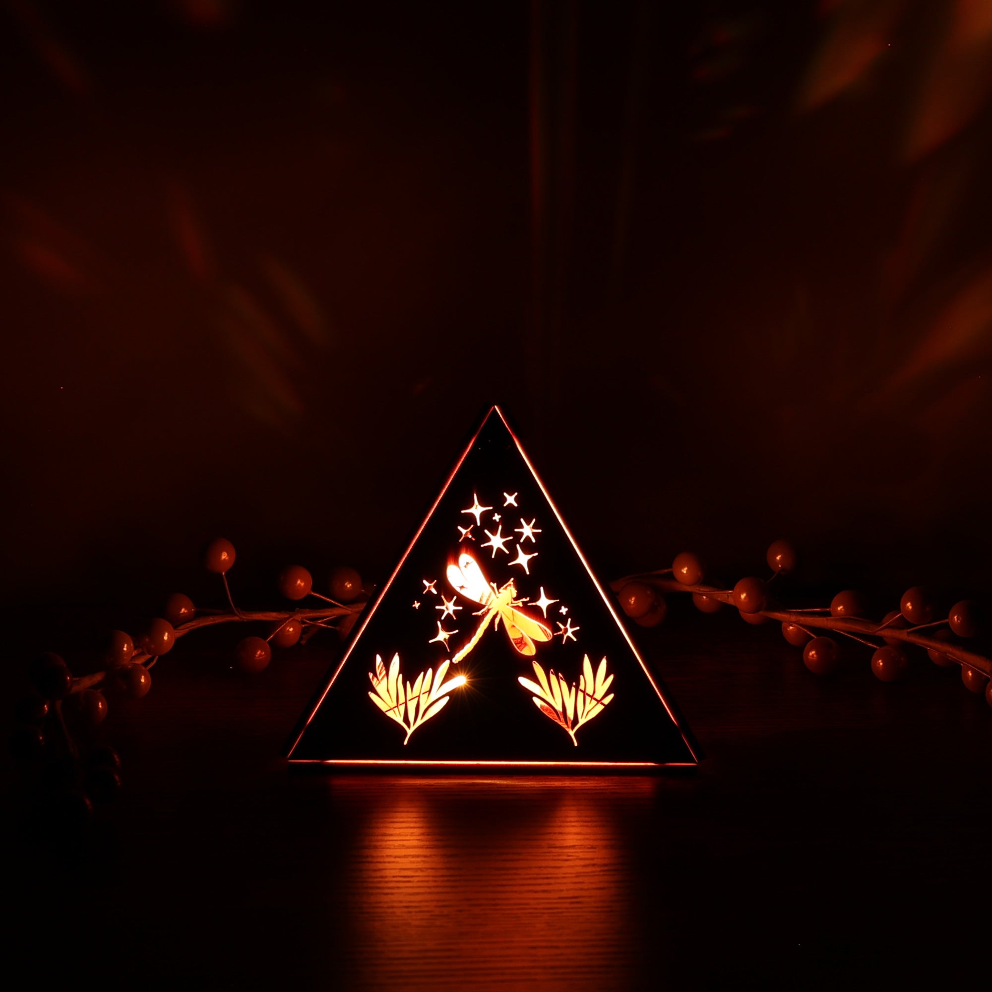 Dragonfly Whisper Pyramid Accent Light, Wooden RGB LED Color Changing Lamp with Remote