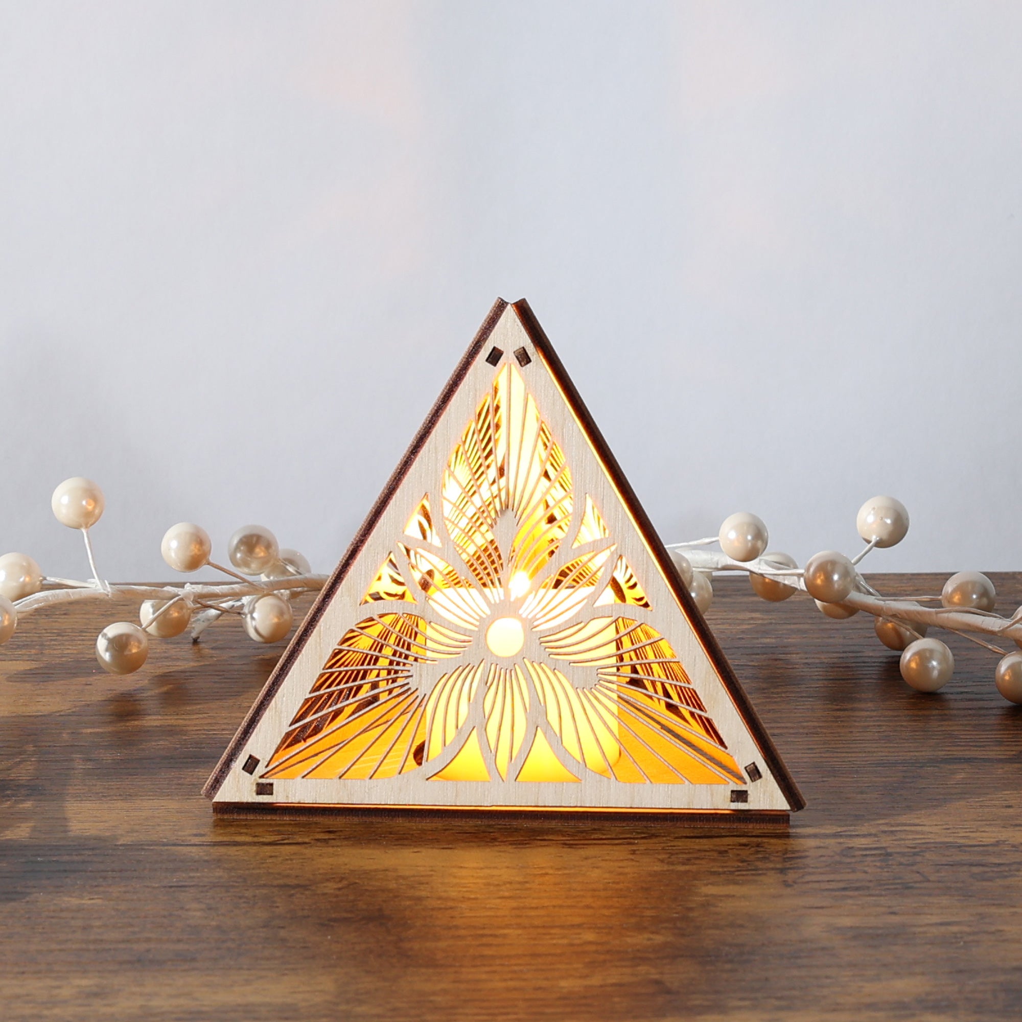 Sunburst Bloom Pyramid Lamp, Wooden RGB LED Color Changing Accent Light, Geometric Floral Night Light, Modern Table Decor