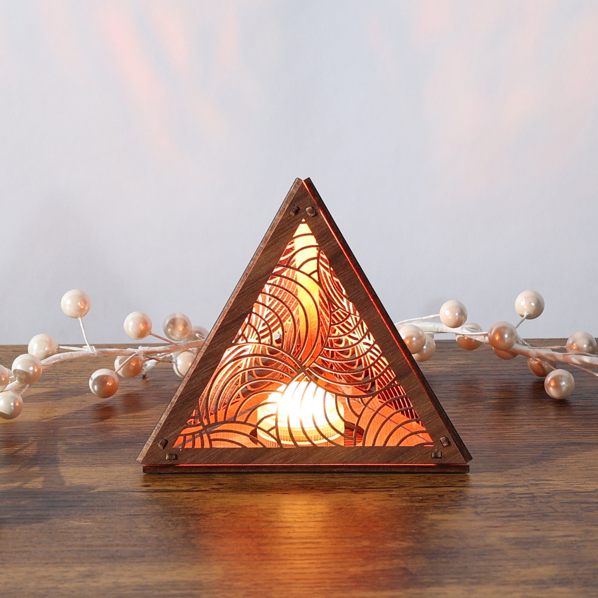 Radiant Echo Pyramid Lamp, Wooden RGB LED Color Changing Accent Light with Remote, Geometric Wave Night Light, Modern Table Decor