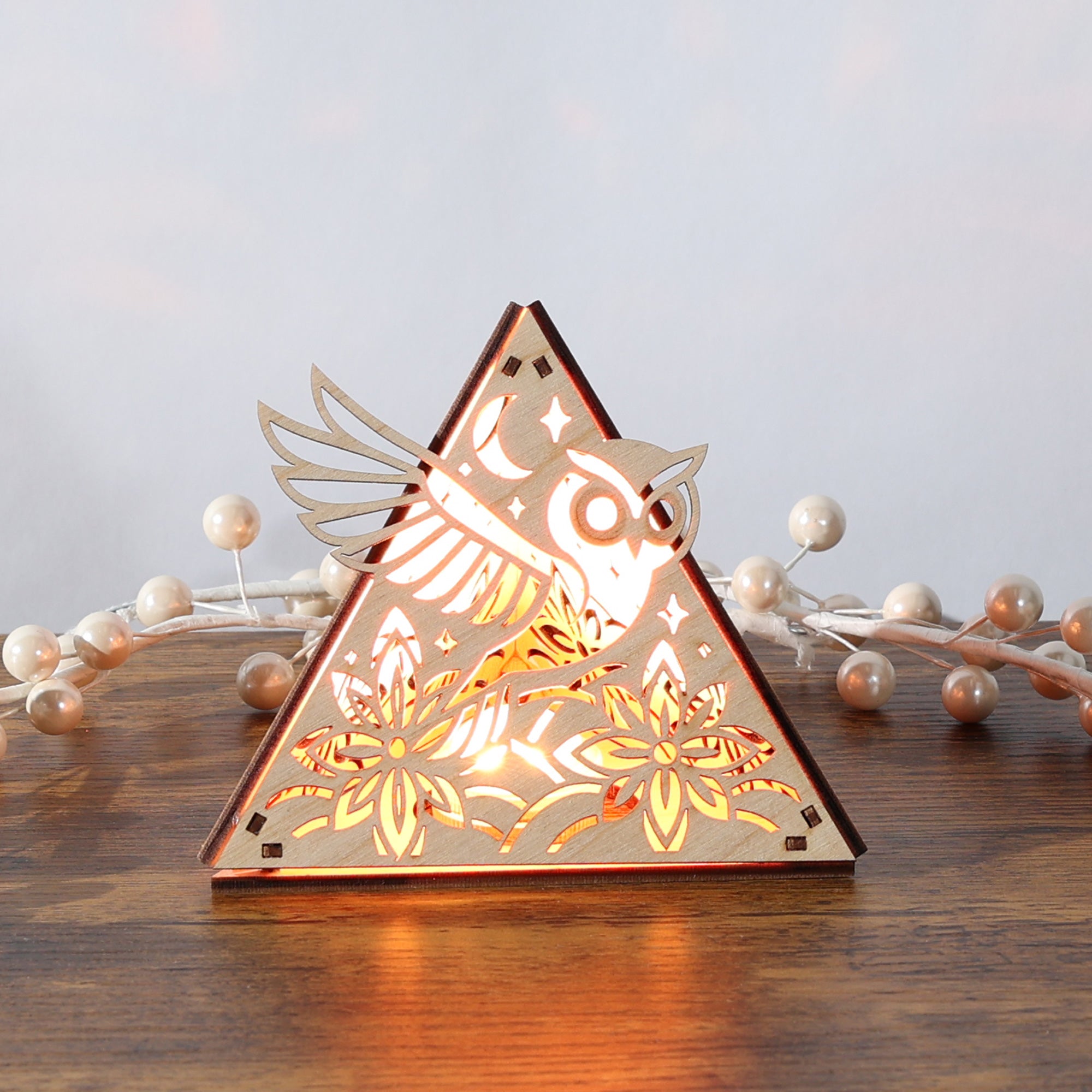 Moonlit Owl Pyramid Lamp, Wooden RGB LED Color Changing Accent Light with Remote
