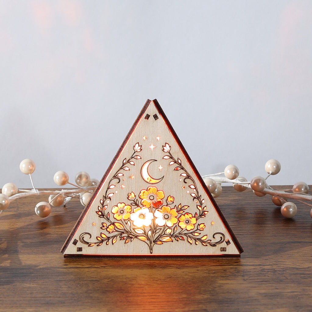 Moonlit Flower Pyramid Lamp, Evening Blossom Light, Wooden LED Color Changing Night Light with Remote