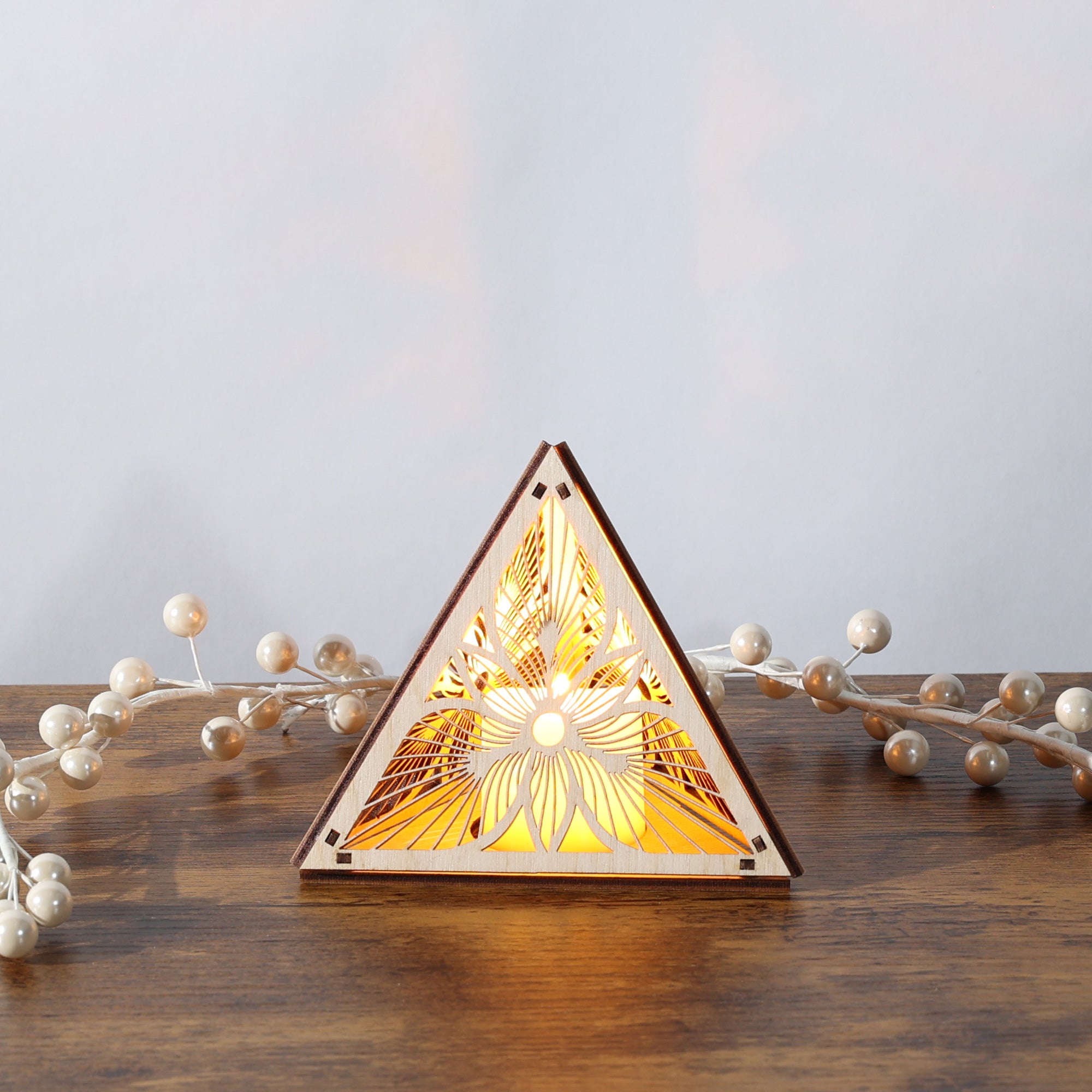Sunburst Bloom Pyramid Lamp, Wooden RGB LED Color Changing Accent Light, Geometric Floral Night Light, Modern Table Decor