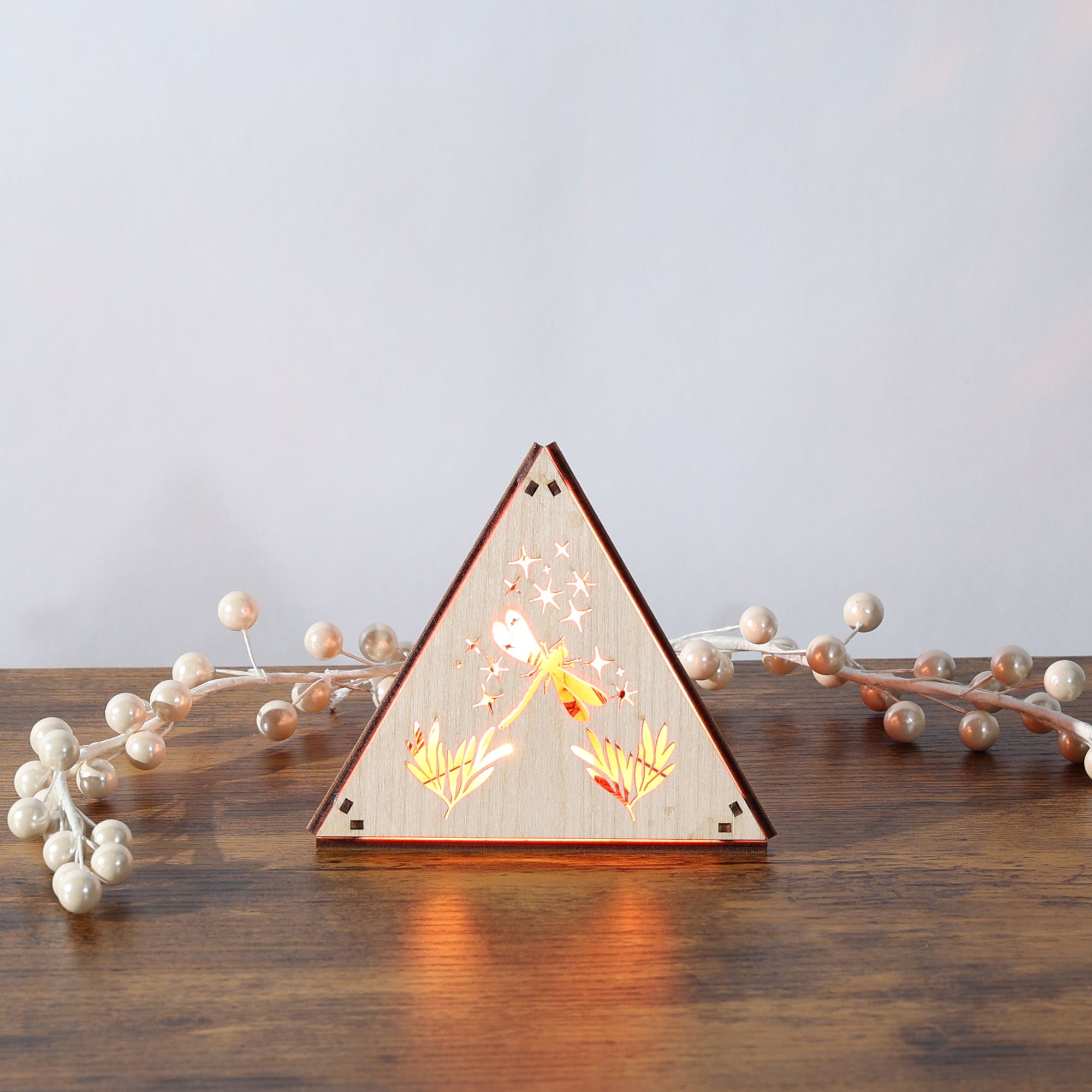 Dragonfly Whisper Pyramid Accent Light, Wooden RGB LED Color Changing Lamp with Remote