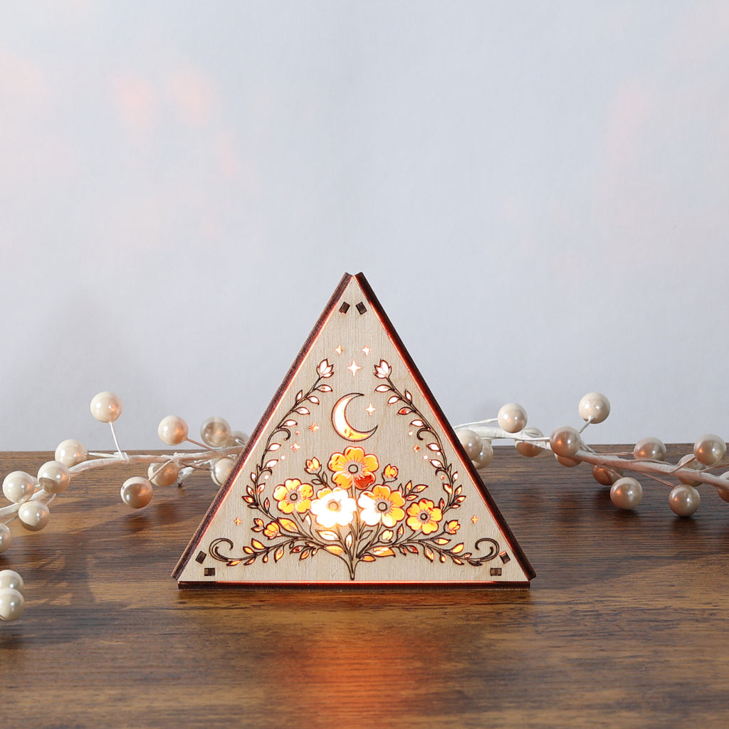 Moonlit Flower Pyramid Lamp, Evening Blossom Light, Wooden LED Color Changing Night Light with Remote