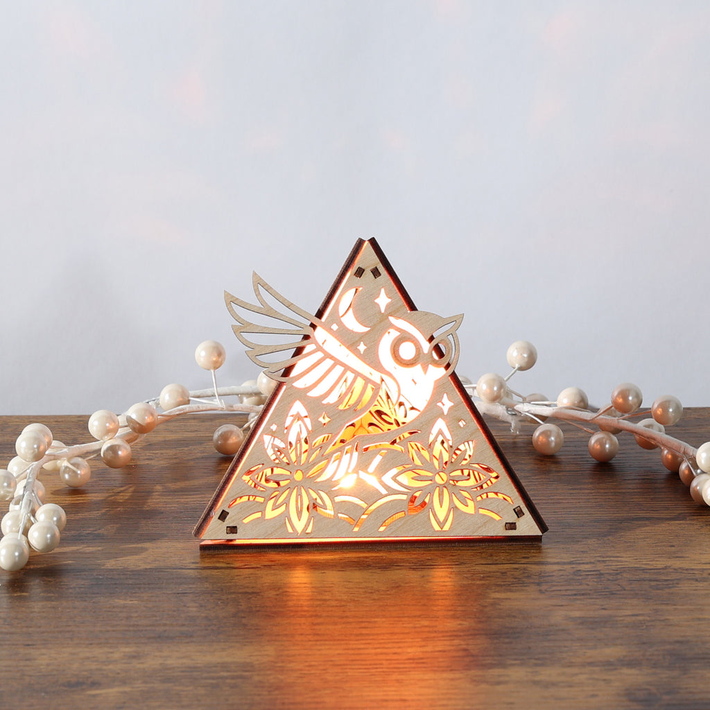 Moonlit Owl Pyramid Lamp, Wooden RGB LED Color Changing Accent Light with Remote