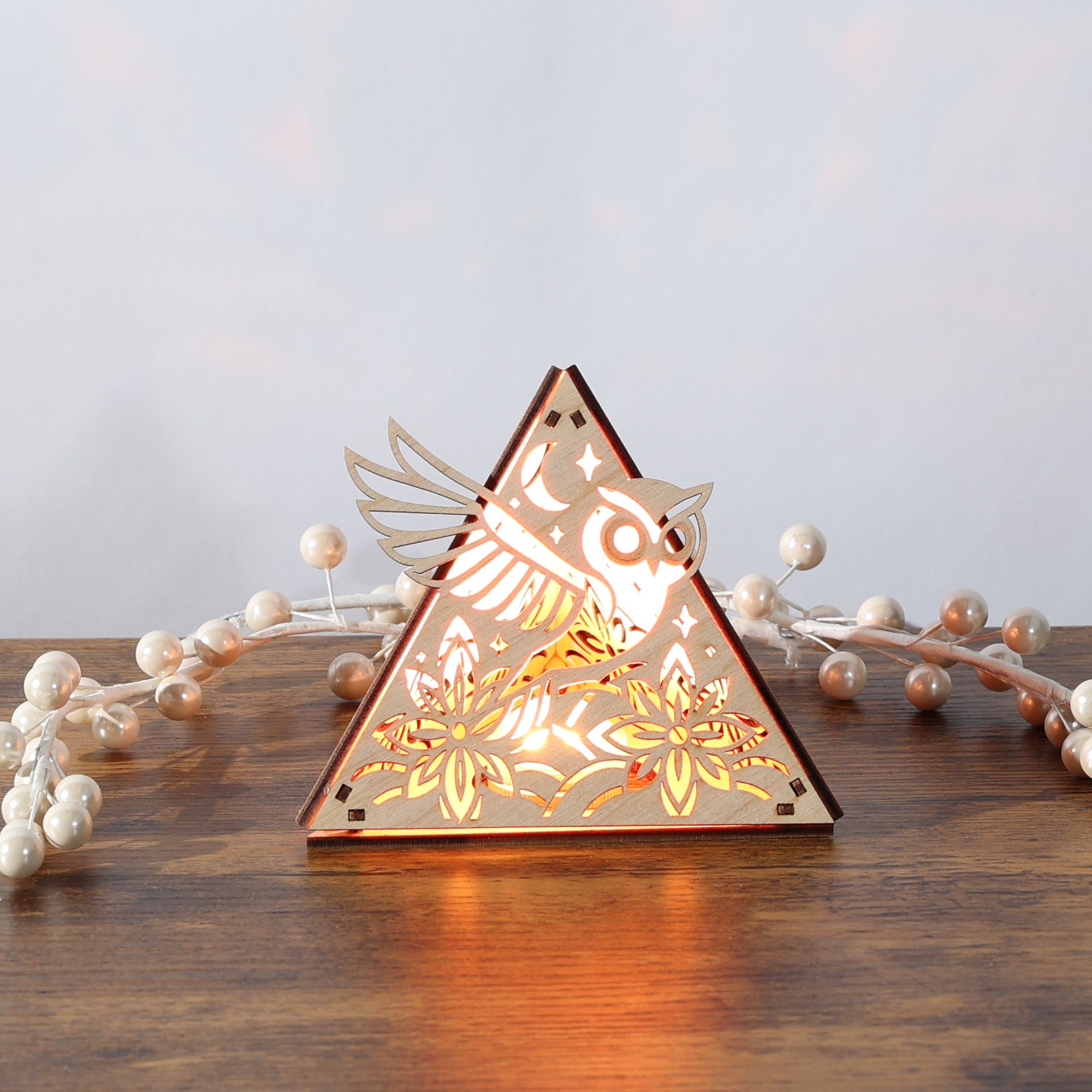 Moonlit Owl Pyramid Lamp, Wooden RGB LED Color Changing Accent Light with Remote