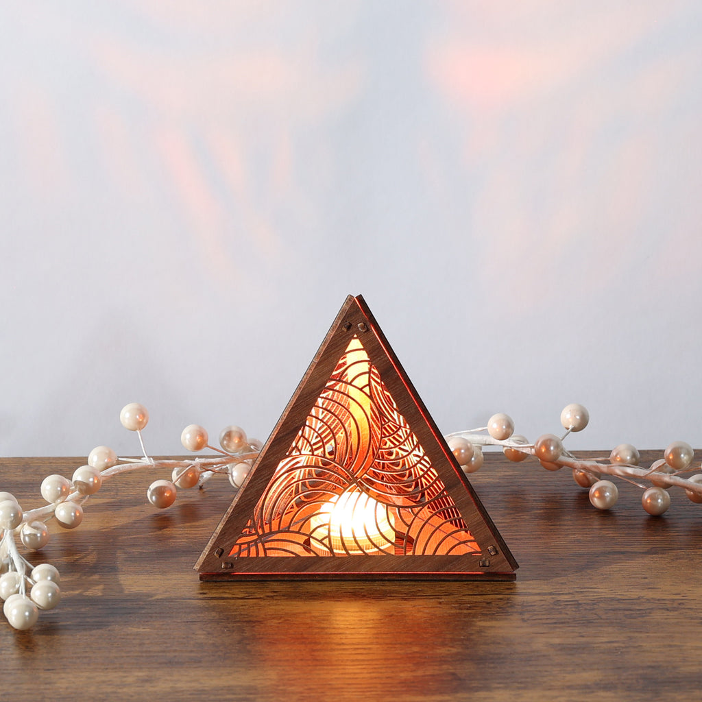 Radiant Echo Pyramid Lamp, Wooden RGB LED Color Changing Accent Light with Remote, Geometric Wave Night Light, Modern Table Decor