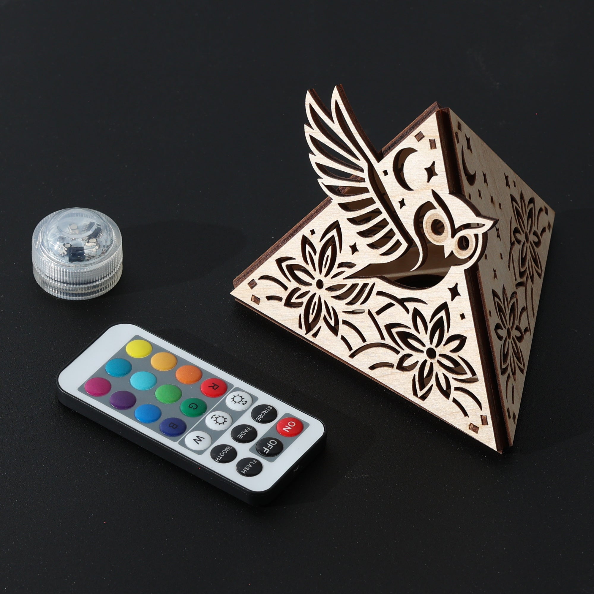 Moonlit Owl Pyramid Lamp, Wooden RGB LED Color Changing Accent Light with Remote