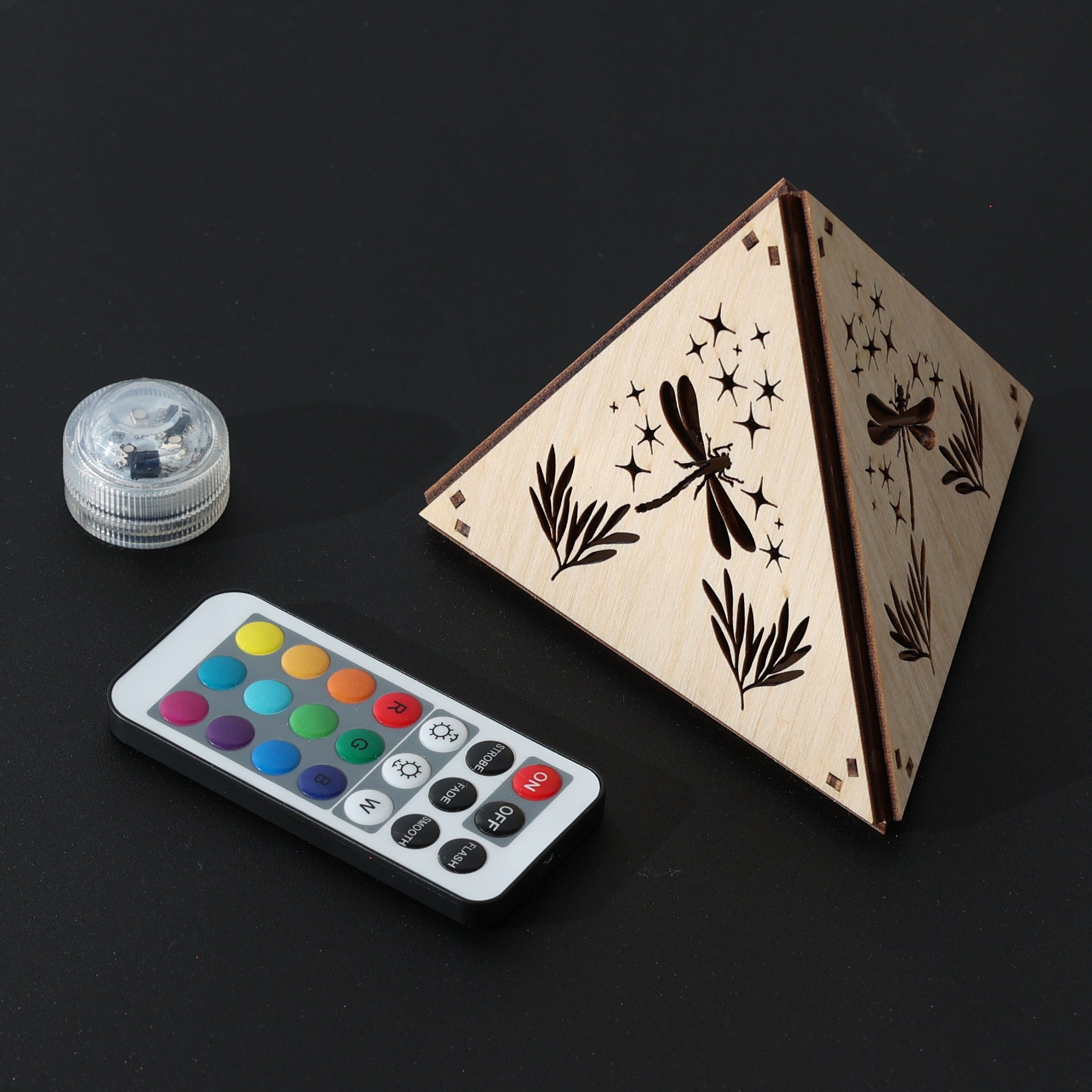 Dragonfly Whisper Pyramid Accent Light, Wooden RGB LED Color Changing Lamp with Remote