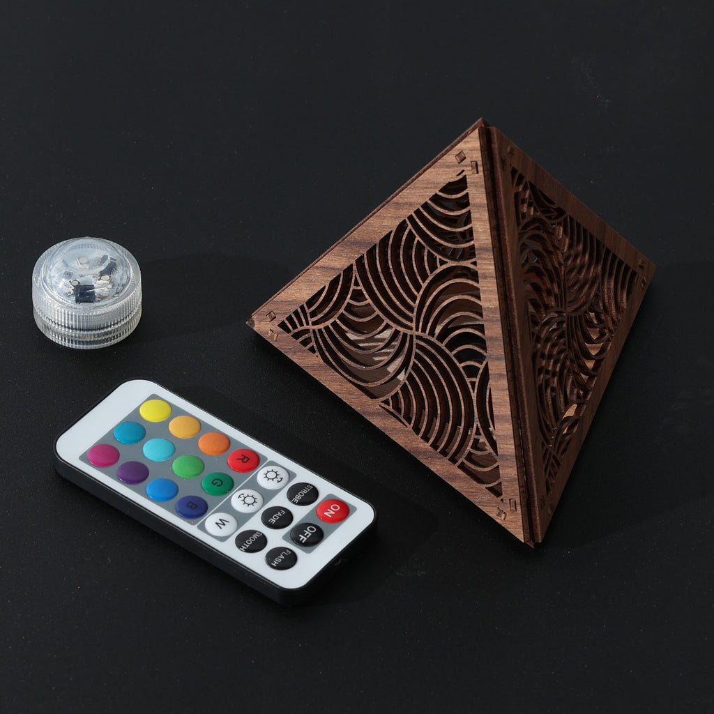 Radiant Echo Pyramid Lamp, Wooden RGB LED Color Changing Accent Light with Remote, Geometric Wave Night Light, Modern Table Decor