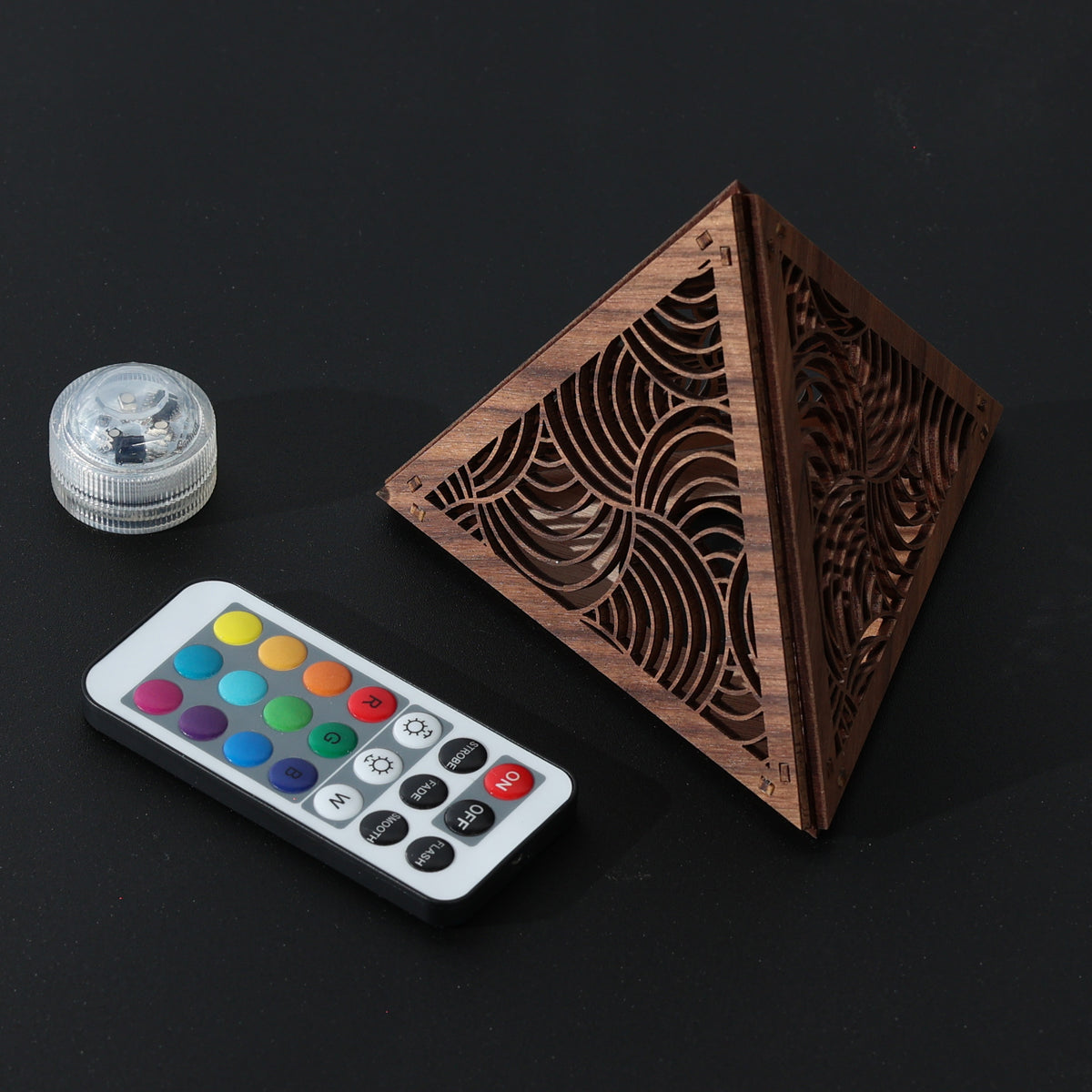 Radiant Echo Pyramid Lamp, Wooden RGB LED Color Changing Accent Light with Remote, Geometric Wave Night Light, Modern Table Decor