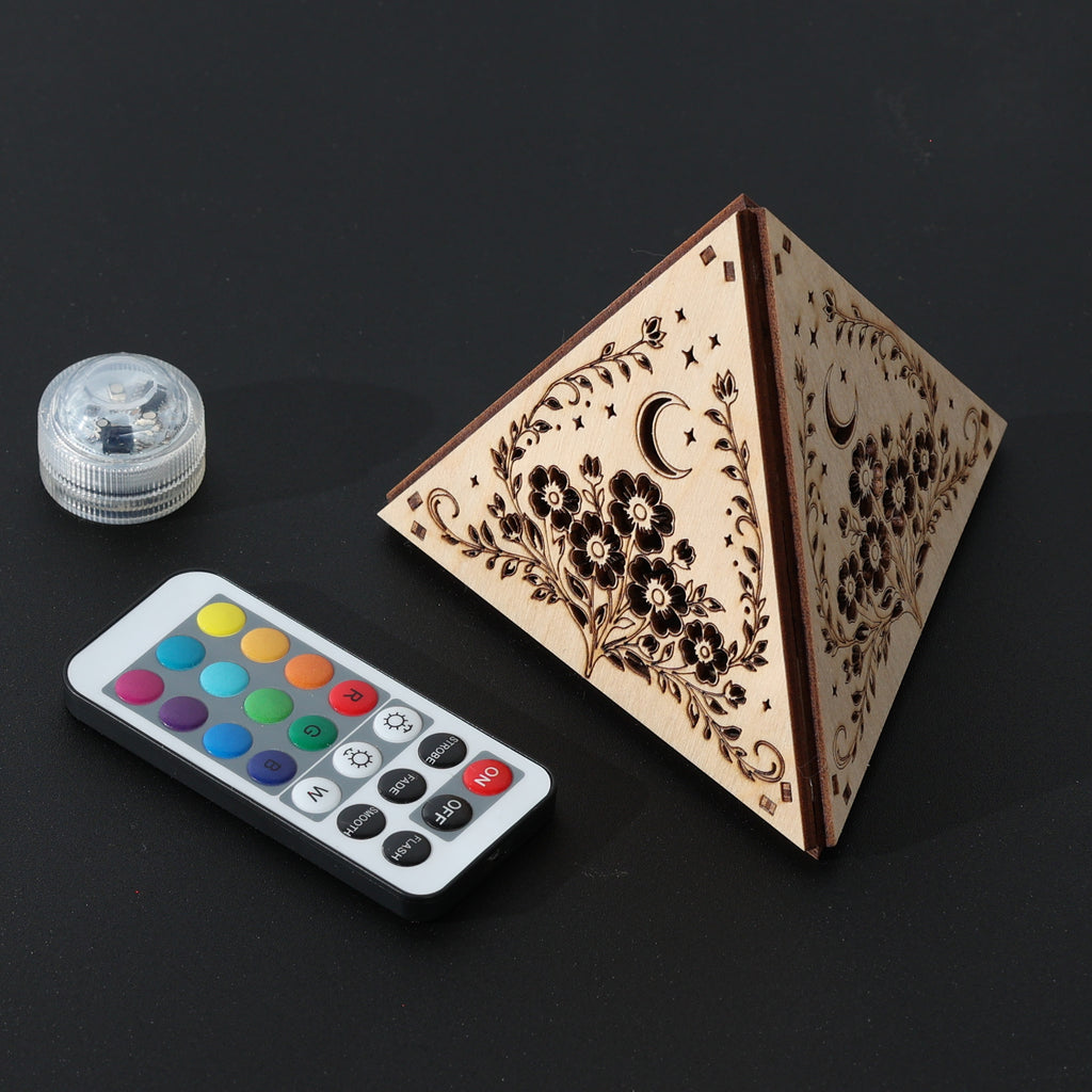 Moonlit Flower Pyramid Lamp, Evening Blossom Light, Wooden LED Color Changing Night Light with Remote