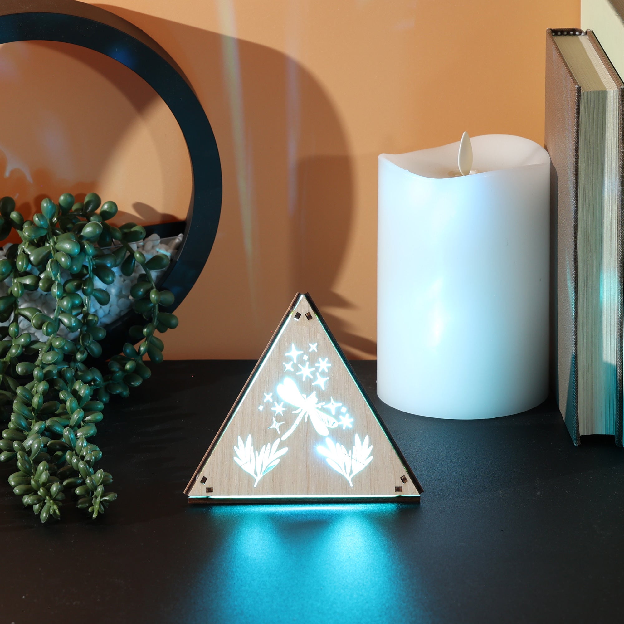 Dragonfly Whisper Pyramid Accent Light, Wooden RGB LED Color Changing Lamp with Remote
