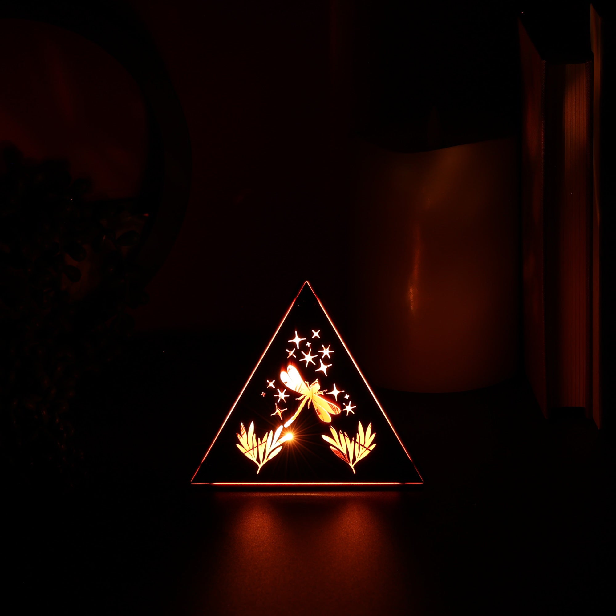 Dragonfly Whisper Pyramid Accent Light, Wooden RGB LED Color Changing Lamp with Remote