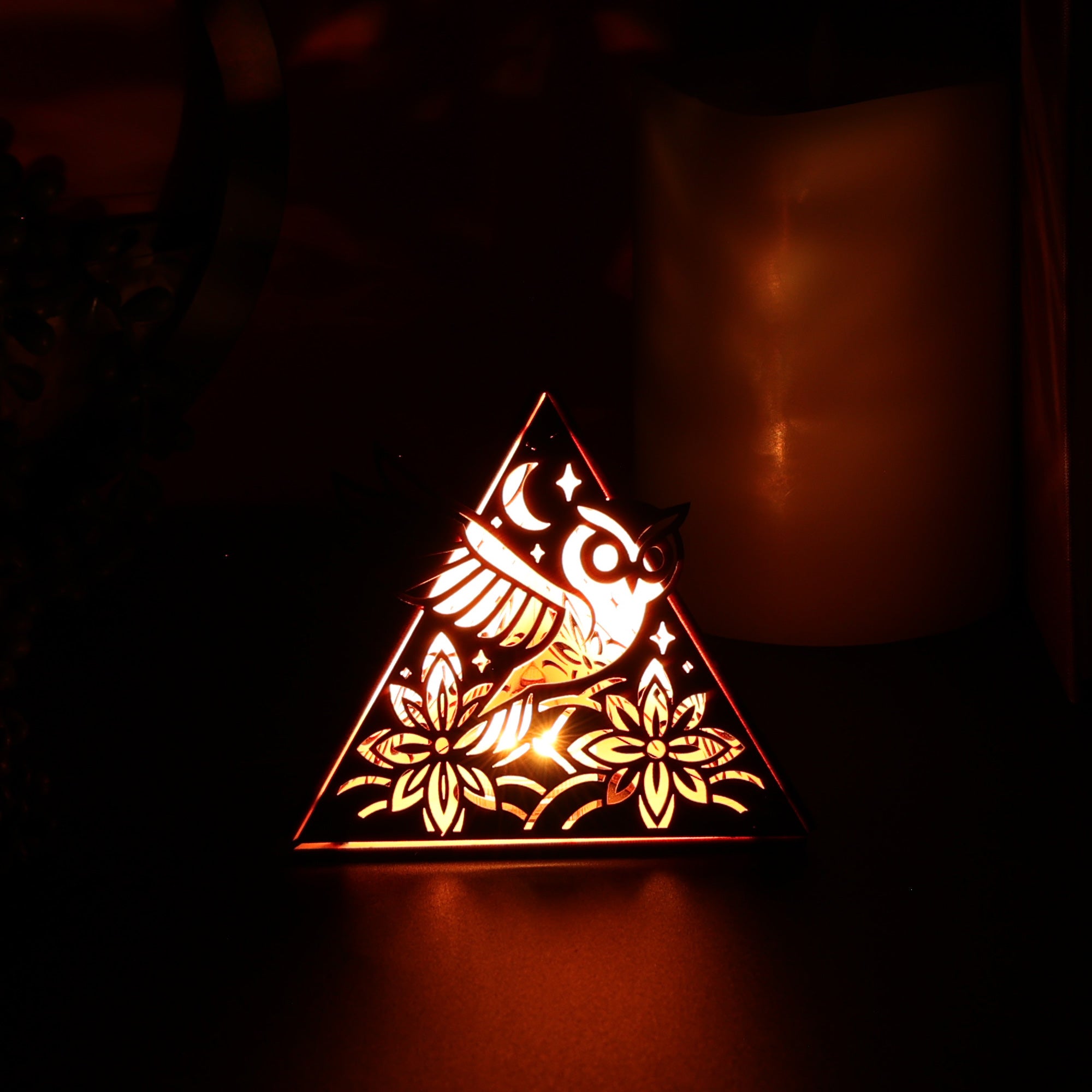 Moonlit Owl Pyramid Lamp, Wooden RGB LED Color Changing Accent Light with Remote