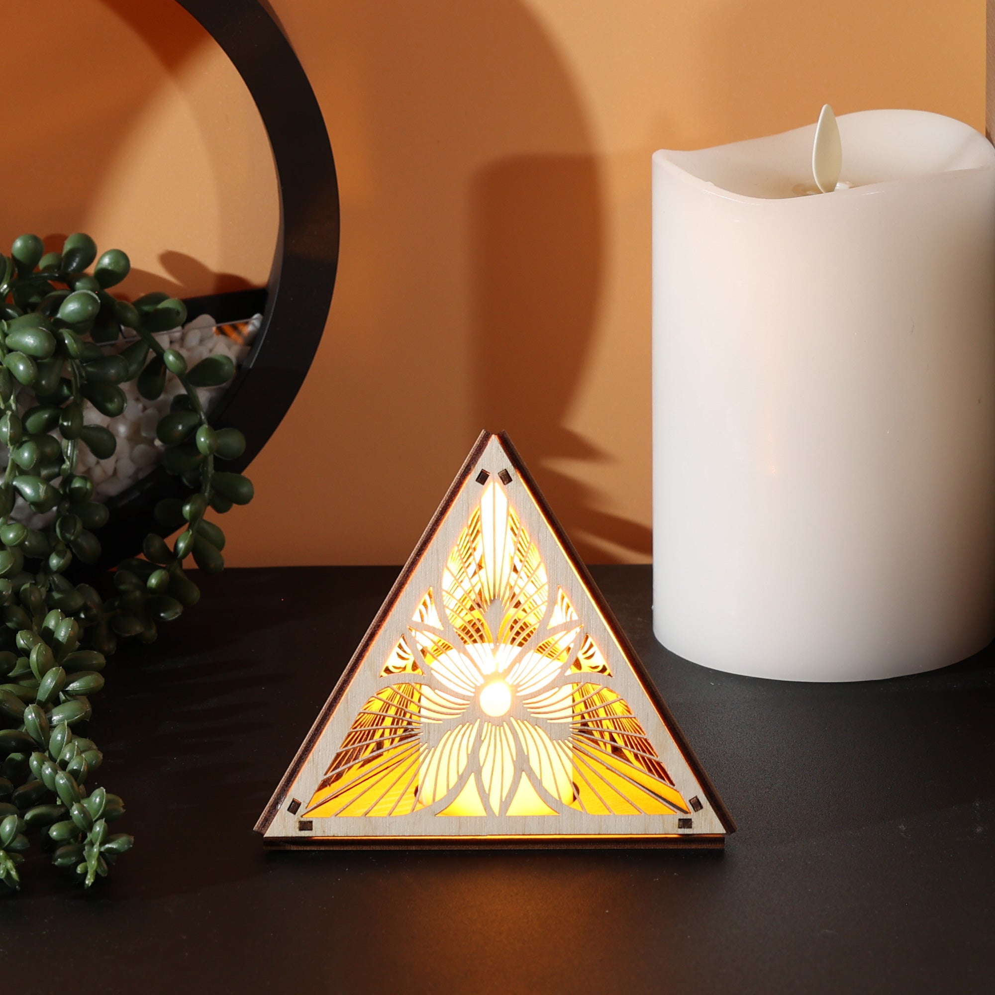 Sunburst Bloom Pyramid Lamp, Wooden RGB LED Color Changing Accent Light, Geometric Floral Night Light, Modern Table Decor
