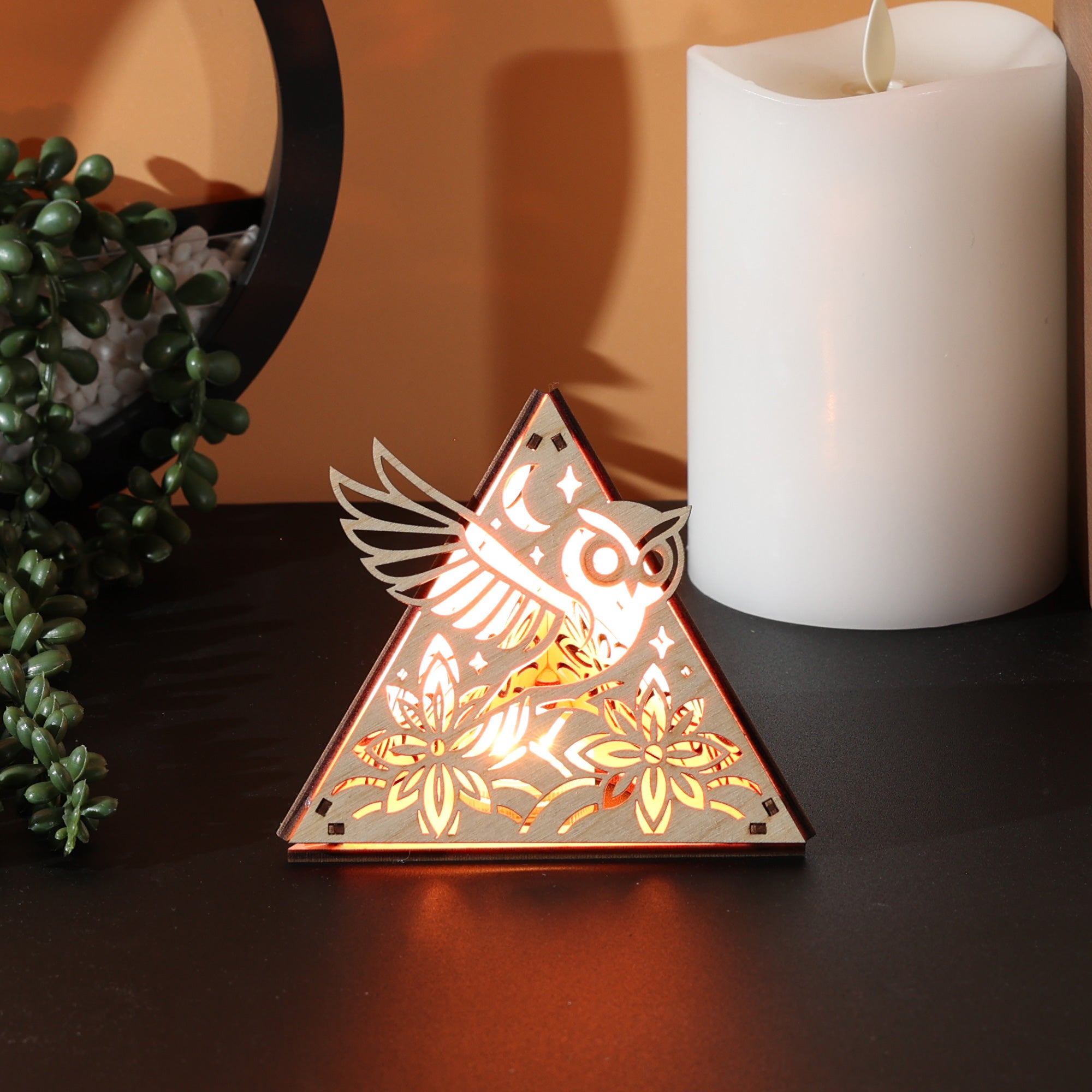 Moonlit Owl Pyramid Lamp, Wooden RGB LED Color Changing Accent Light with Remote