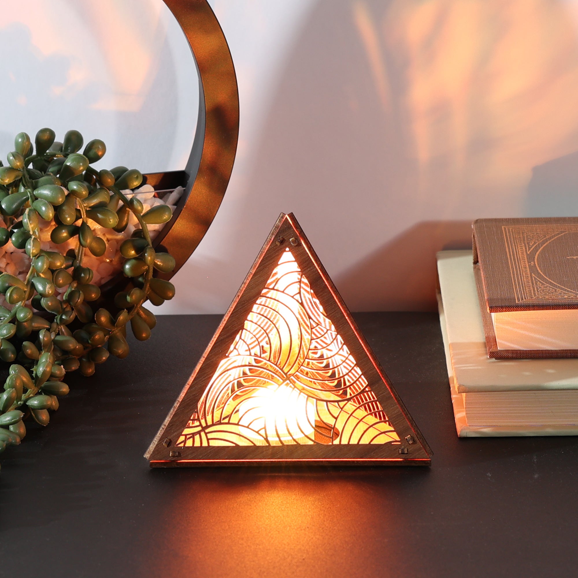 Radiant Echo Pyramid Lamp, Wooden RGB LED Color Changing Accent Light with Remote, Geometric Wave Night Light, Modern Table Decor