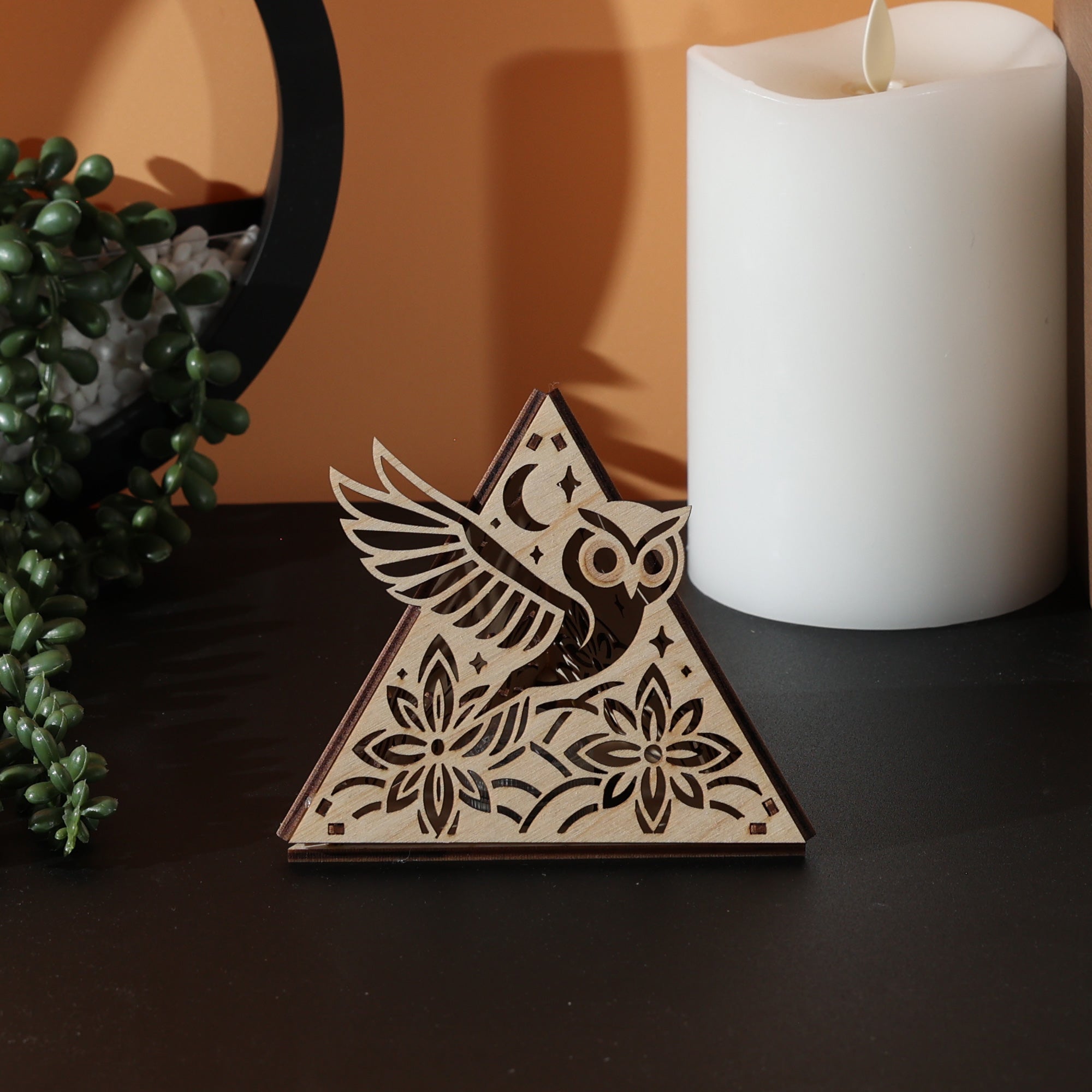 Moonlit Owl Pyramid Lamp, Wooden RGB LED Color Changing Accent Light with Remote