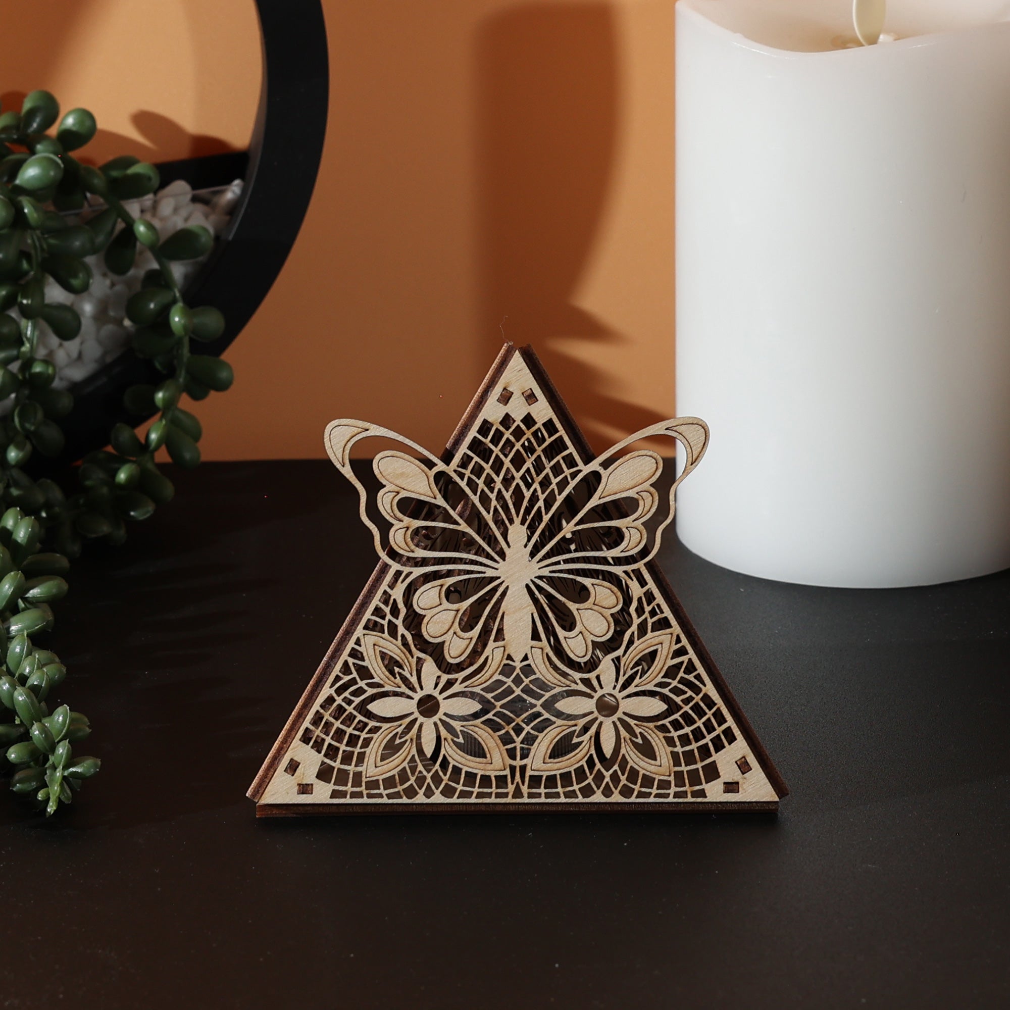Butterfly Pyramid Lamp, Wooden LED Color Changing Night Light with Remote, Butterfly Accent Light, Nature Decor Table Lamp
