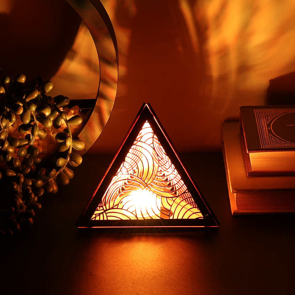 Radiant Echo Pyramid Lamp, Wooden RGB LED Color Changing Accent Light with Remote, Geometric Wave Night Light, Modern Table Decor