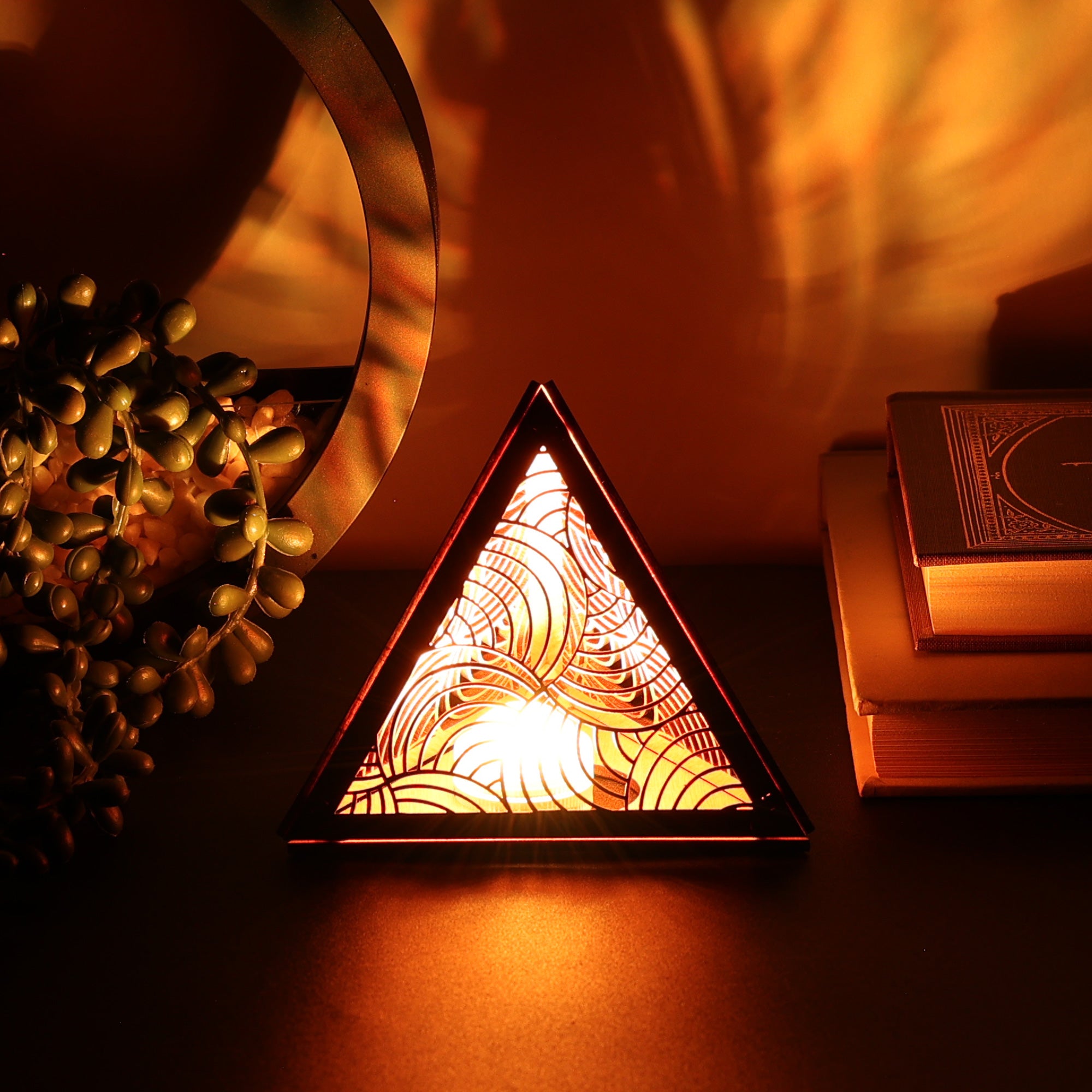 Radiant Echo Pyramid Lamp, Wooden RGB LED Color Changing Accent Light with Remote, Geometric Wave Night Light, Modern Table Decor